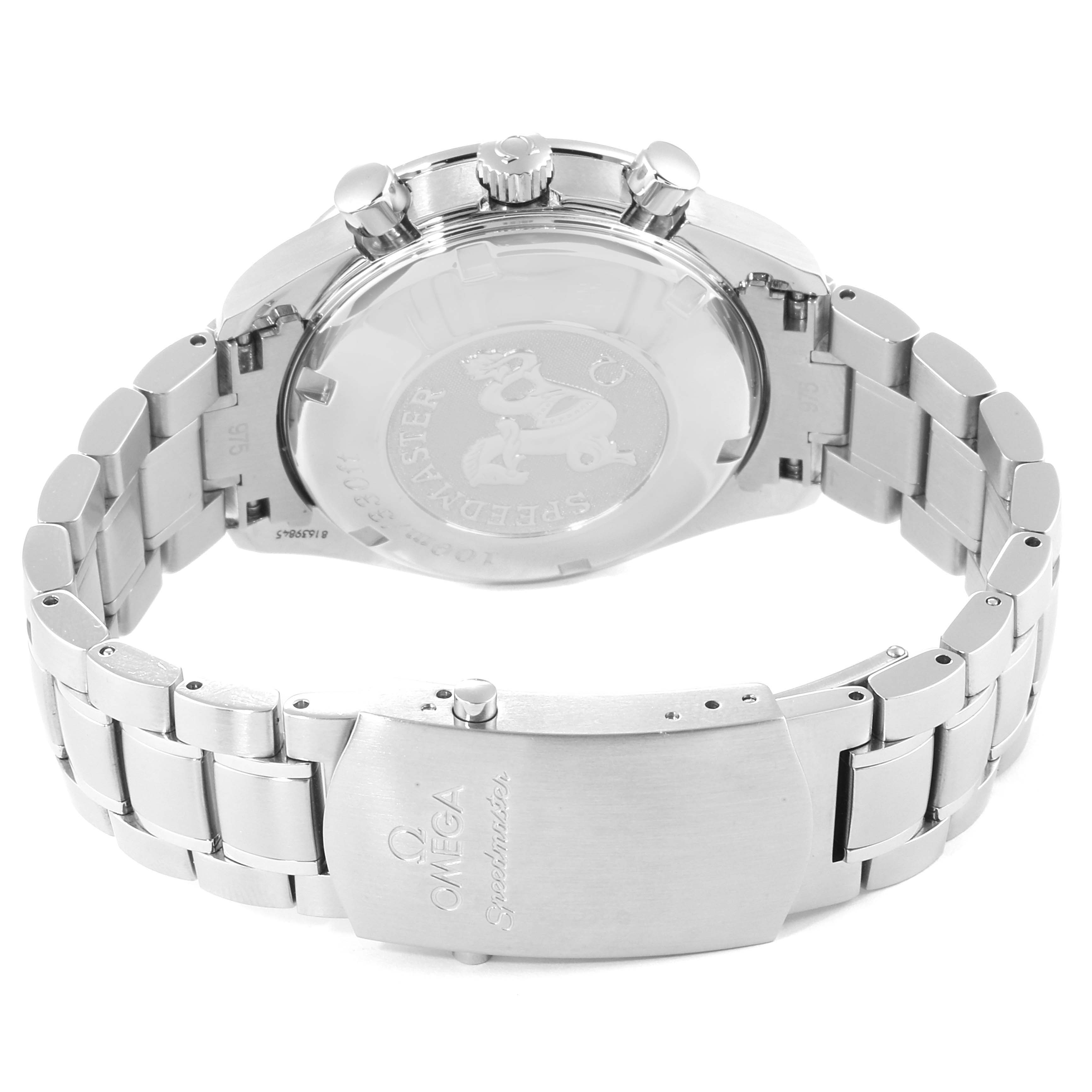 The image shows the back case, bracelet, and clasp of the Omega Speedmaster 3221.30.00 Men
s Stainless Steel Silver Dial 3221.30.00 Men
s Stainless Steel Silver Dial watch from a rear angle.