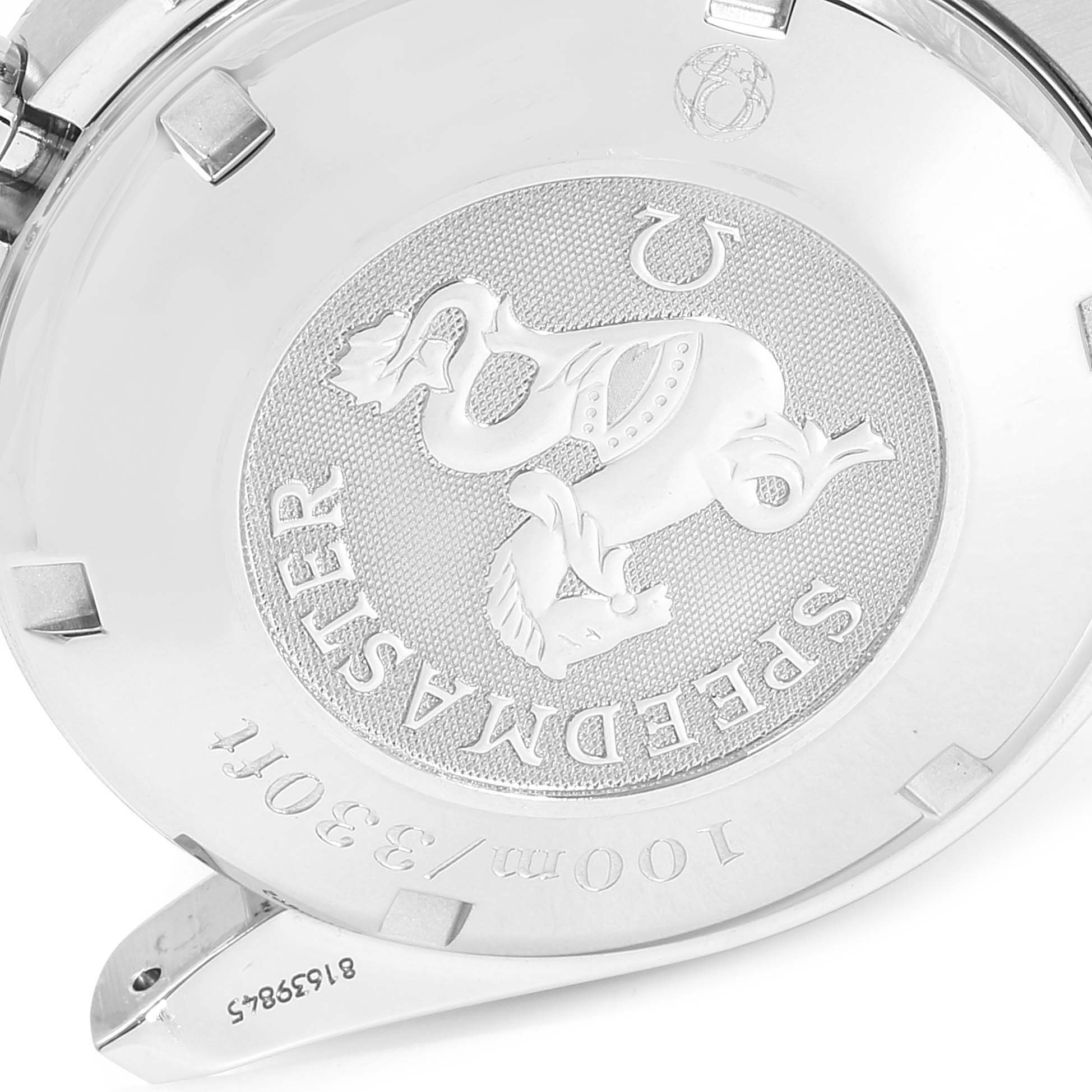 The image shows the case back of an Omega Speedmaster 3221.30.00 Men
s Stainless Steel Silver Dial 3221.30.00 Men
s Stainless Steel Silver Dial watch, featuring an embossed design and model details.