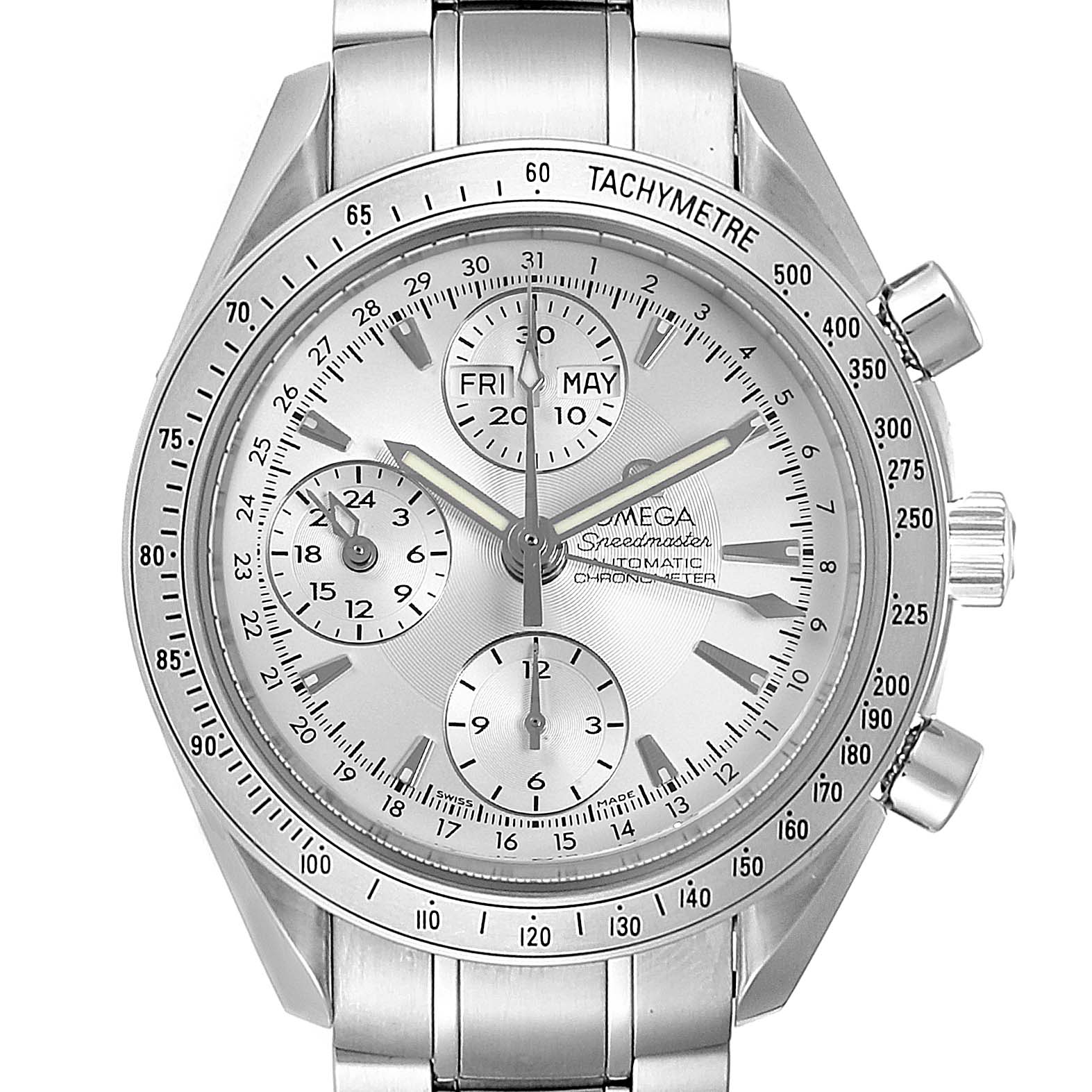 This image shows a front view of an Omega Speedmaster 3221.30.00 Men
s Stainless Steel Silver Dial 3221.30.00 Men
s Stainless Steel Silver Dial watch, displaying its face, chronograph dials, date window, and tachymeter bezel.