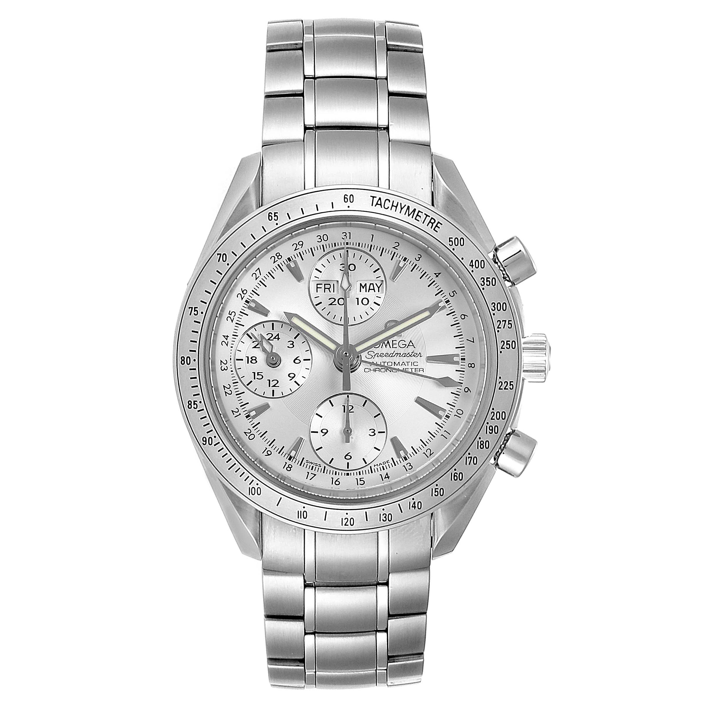 This image shows a front view of the Omega Speedmaster 3221.30.00 Men
s Stainless Steel Silver Dial 3221.30.00 Men
s Stainless Steel Silver Dial watch, highlighting its stainless steel case, bracelet, and tachymeter bezel.