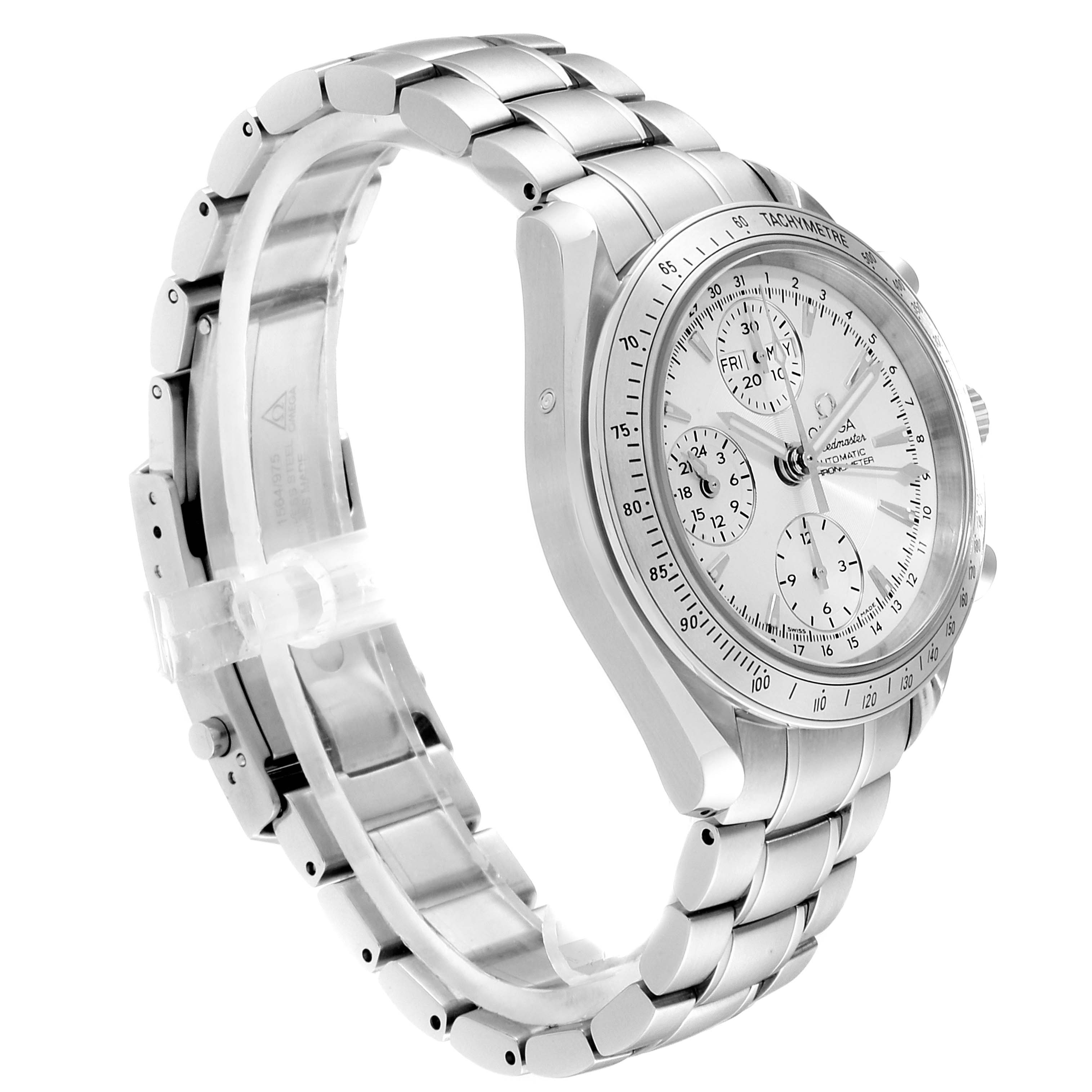 The Omega Speedmaster 3221.30.00 Men
s Stainless Steel Silver Dial 3221.30.00 Men
s Stainless Steel Silver Dial watch is shown at a right-side angle, displaying the face, bezel, crown, and stainless steel bracelet.