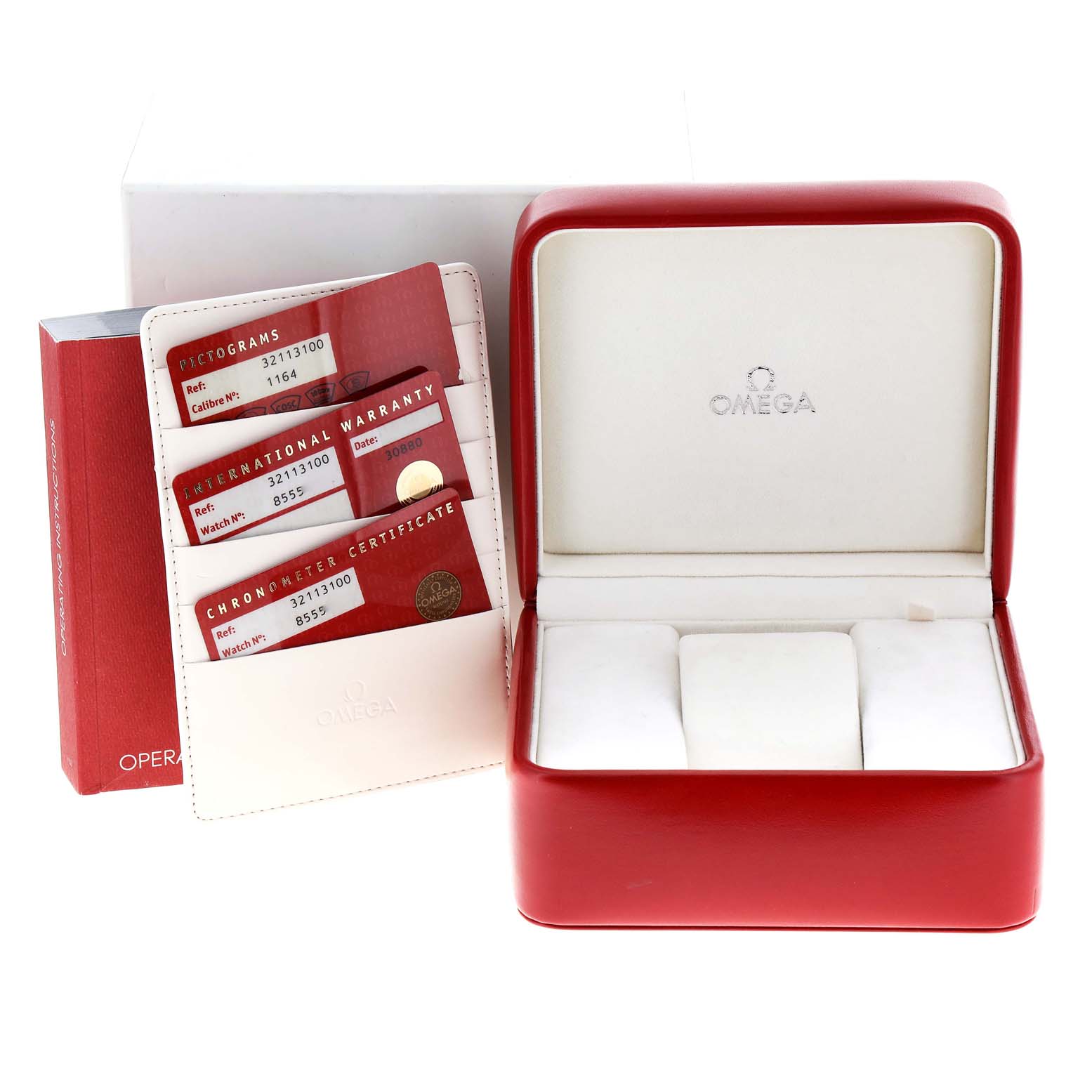 The image shows the Omega Speedmaster 3211.31.00 Men
s Stainless Steel Silver Dial 3211.31.00 Men
s Stainless Steel Silver Dial accessories, including its warranty cards, certificate, and a red watch box at a front angle.