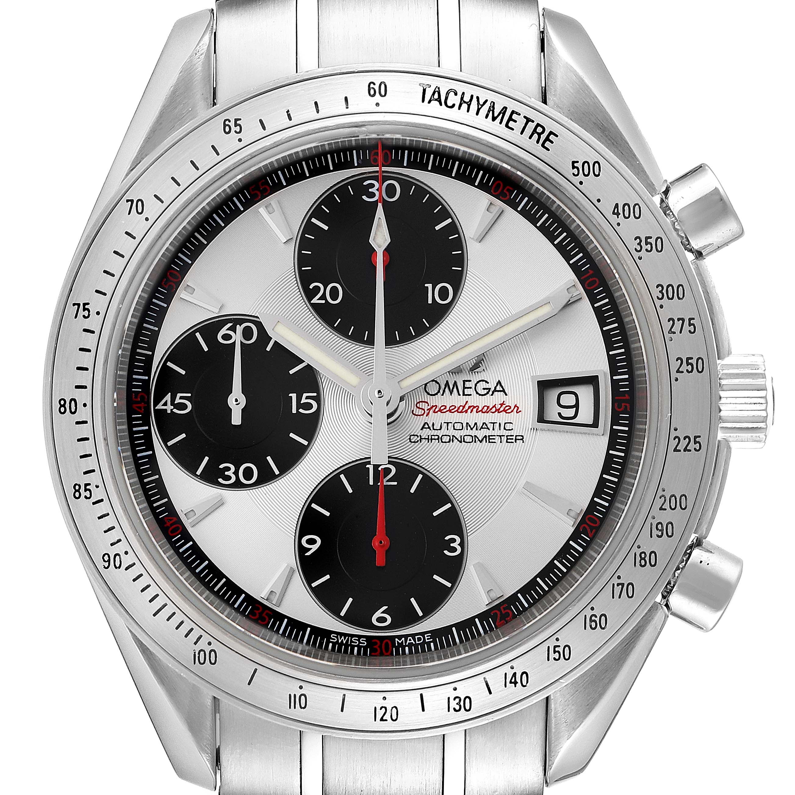 The image shows a front view of the Omega Speedmaster 3211.31.00 Men
s Stainless Steel Silver Dial 3211.31.00 Men
s Stainless Steel Silver Dial watch, highlighting its dial, sub-dials, tachymeter, and date display.