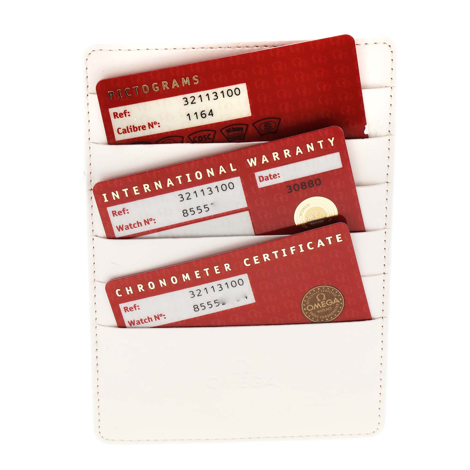 This image shows the Pictograms, International Warranty, and Chronometer Certificate cards for an Omega Speedmaster 3211.31.00 Men
s Stainless Steel Silver Dial 3211.31.00 Men
s Stainless Steel Silver Dial watch in a white cardholder.