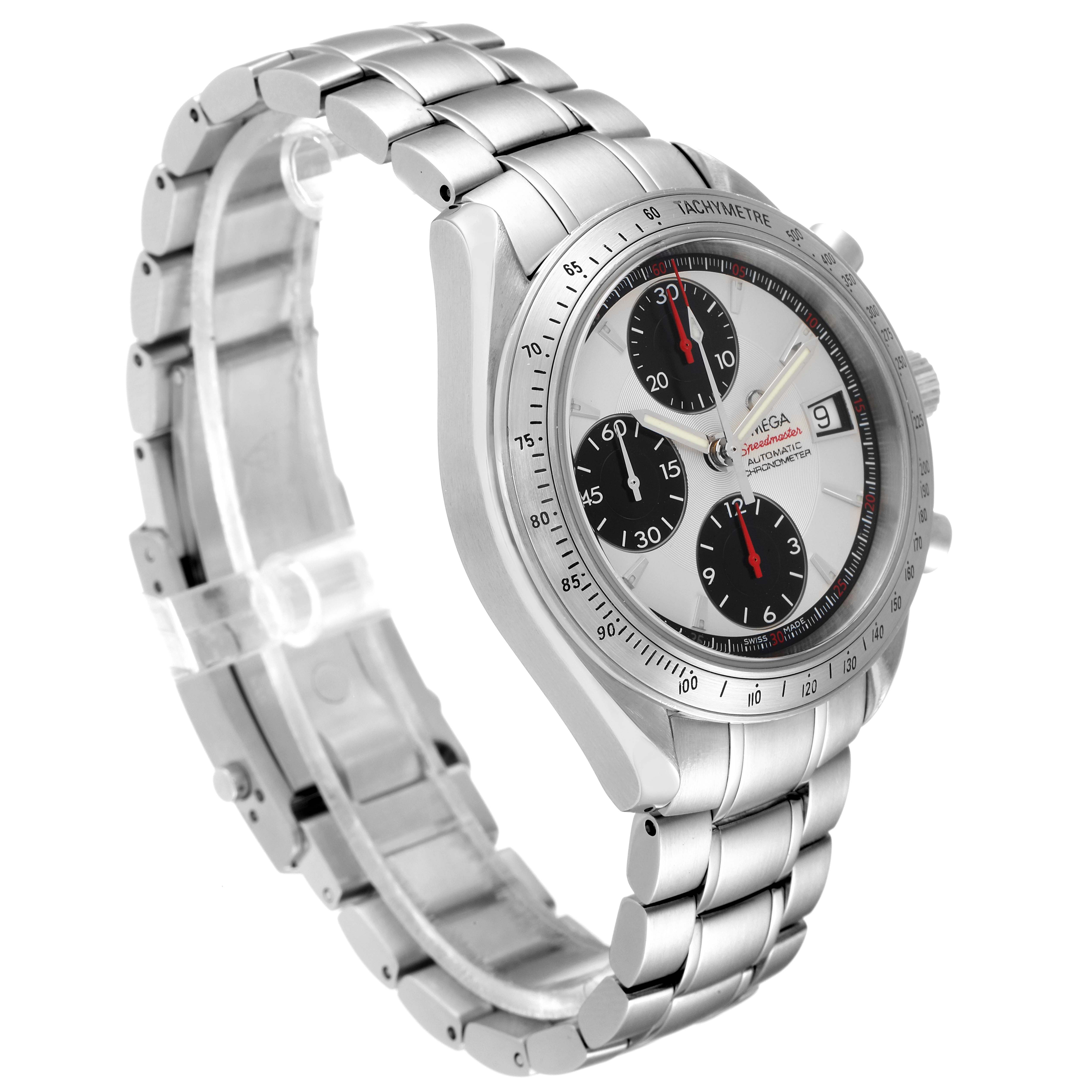 The image shows an angled view of an Omega Speedmaster 3211.31.00 Men
s Stainless Steel Silver Dial 3211.31.00 Men
s Stainless Steel Silver Dial watch, displaying the face, bezel, and metal bracelet.