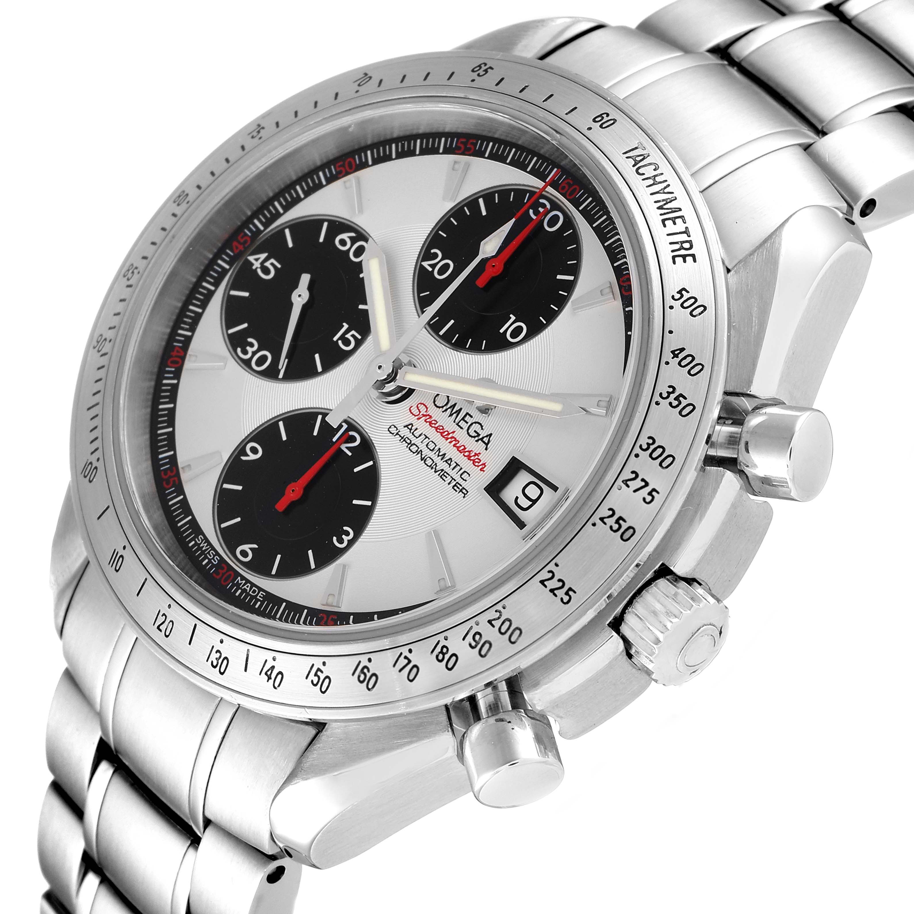 The Omega Speedmaster 3211.31.00 Men
s Stainless Steel Silver Dial 3211.31.00 Men
s Stainless Steel Silver Dial watch is shown at an angle displaying its face, bezel, pushers, crown, and stainless steel bracelet.