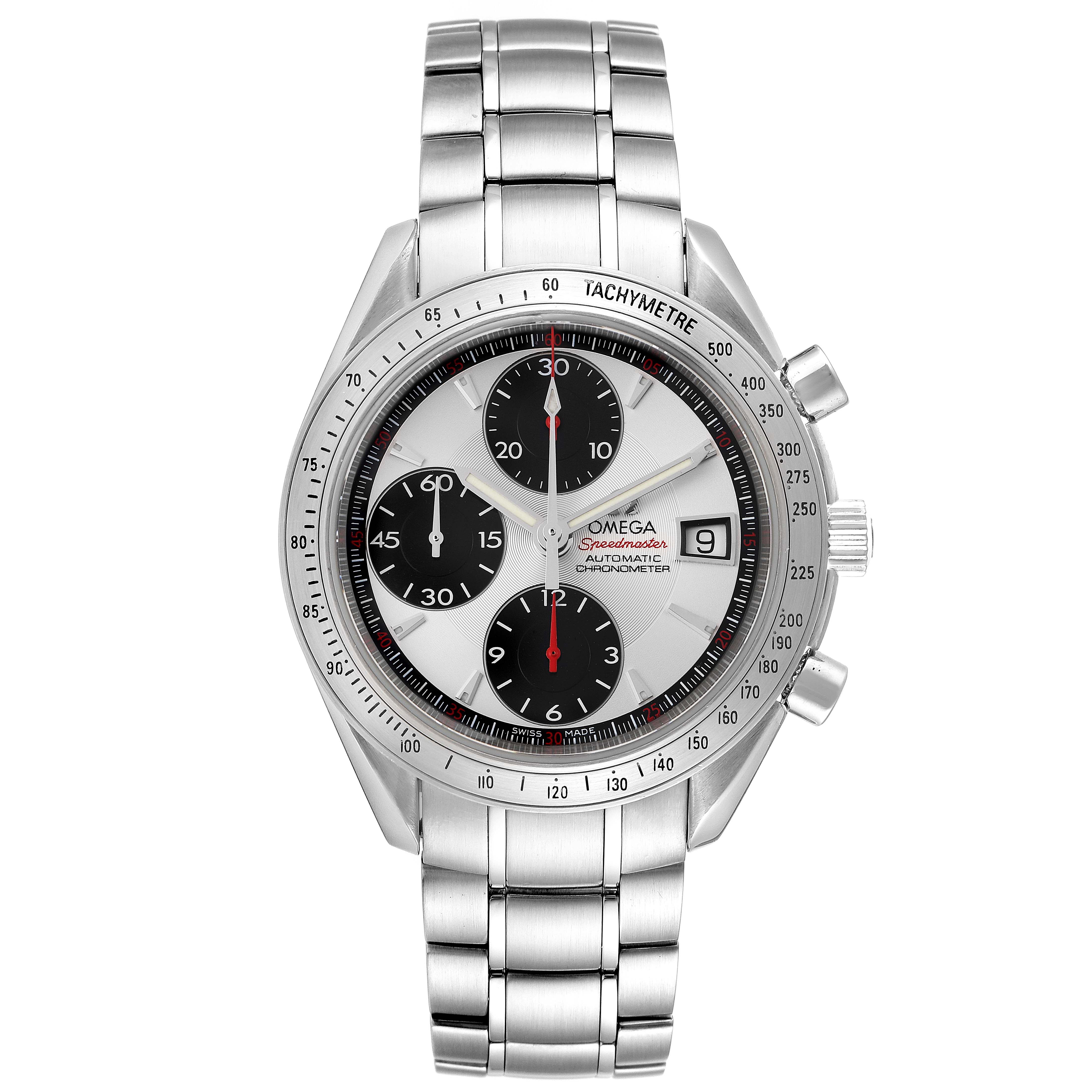 The image shows a front view of the Omega Speedmaster 3211.31.00 Men
s Stainless Steel Silver Dial 3211.31.00 Men
s Stainless Steel Silver Dial watch, highlighting its dial, chronograph sub-dials, tachymeter bezel, and stainless steel bracelet.