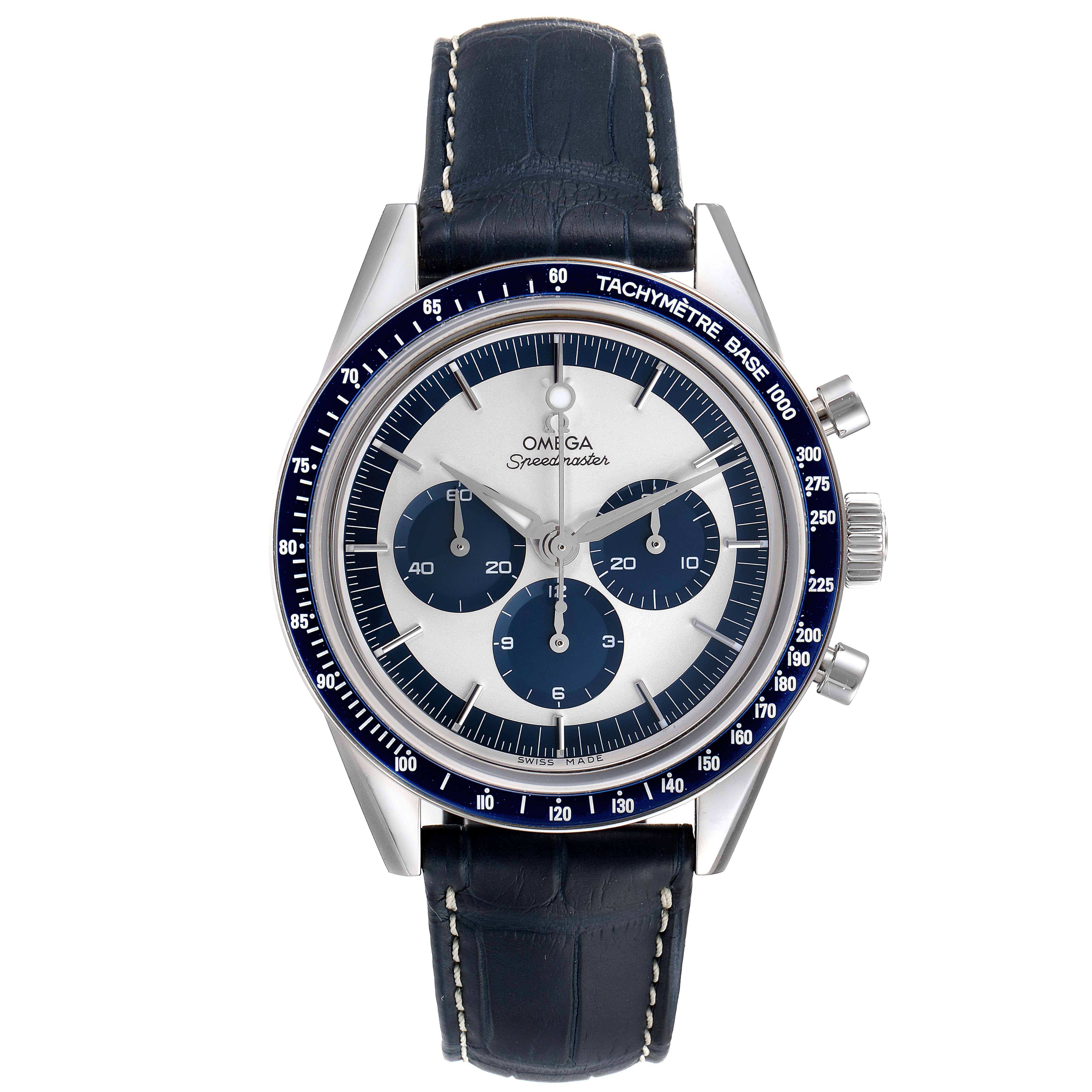 The image shows a front view of an Omega Speedmaster 311.33.40.30.02.001 Men's Stainless Steel Silver Dial 311.33.40.30.02.001 Men's Stainless Steel Silver Dial watch, showcasing its dial, bezel, and leather strap.