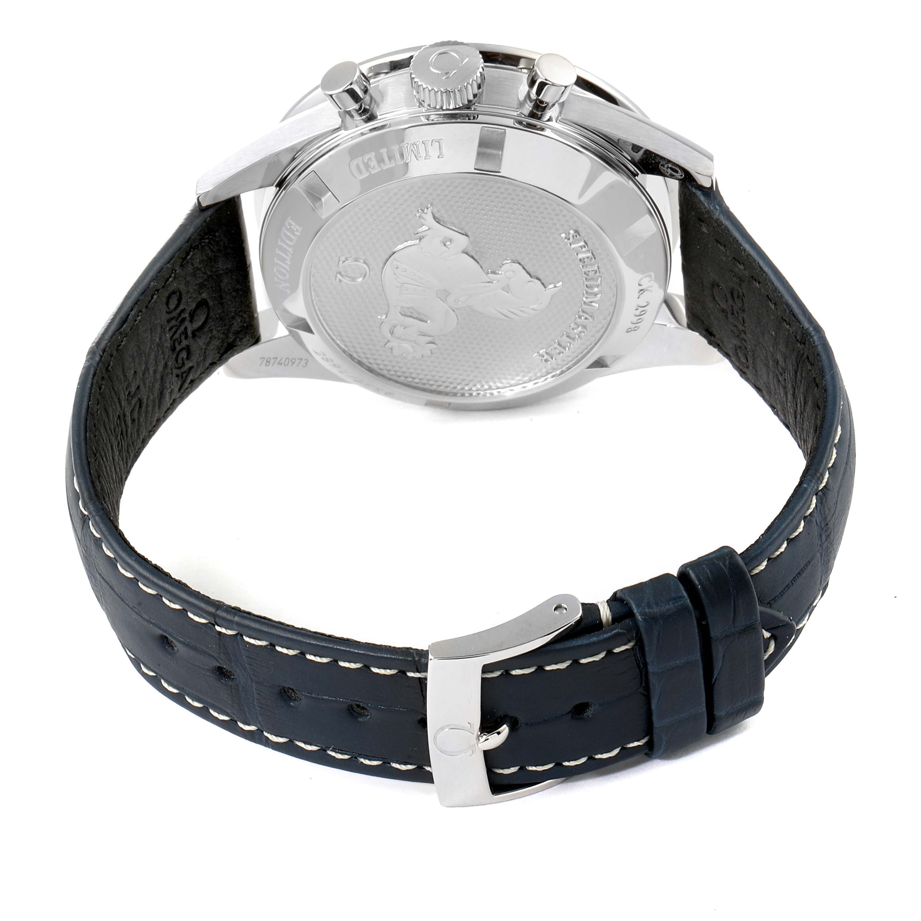 This image shows the back view of an Omega Speedmaster 311.33.40.30.02.001 Men's Stainless Steel Silver Dial 311.33.40.30.02.001 Men's Stainless Steel Silver Dial watch, highlighting the case back, crown, pushers, and strap.