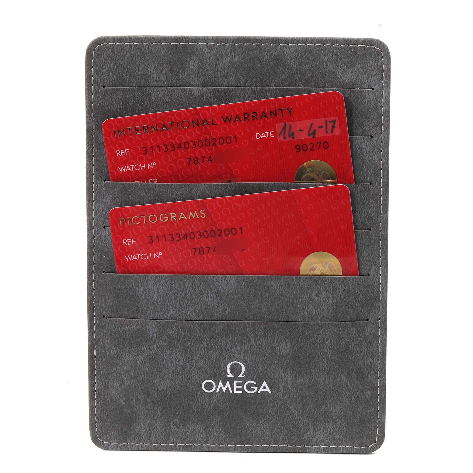 The image shows the warranty and pictogram cards for the Omega Speedmaster 311.33.40.30.02.001 Men's Stainless Steel Silver Dial 311.33.40.30.02.001 Men's Stainless Steel Silver Dial, displayed in a grey Omega-branded cardholder.