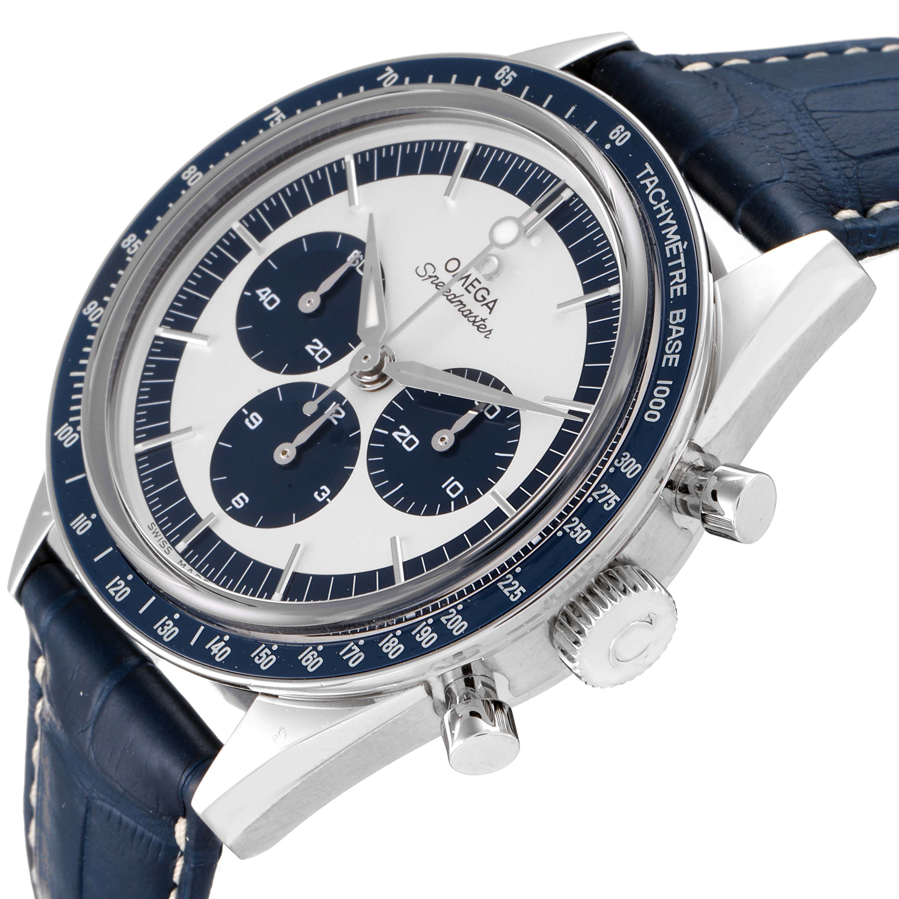 This is a close-up shot of the Omega Speedmaster 311.33.40.30.02.001 Men's Stainless Steel Silver Dial 311.33.40.30.02.001 Men's Stainless Steel Silver Dial watch displaying the face, bezel, crown, and pushers.