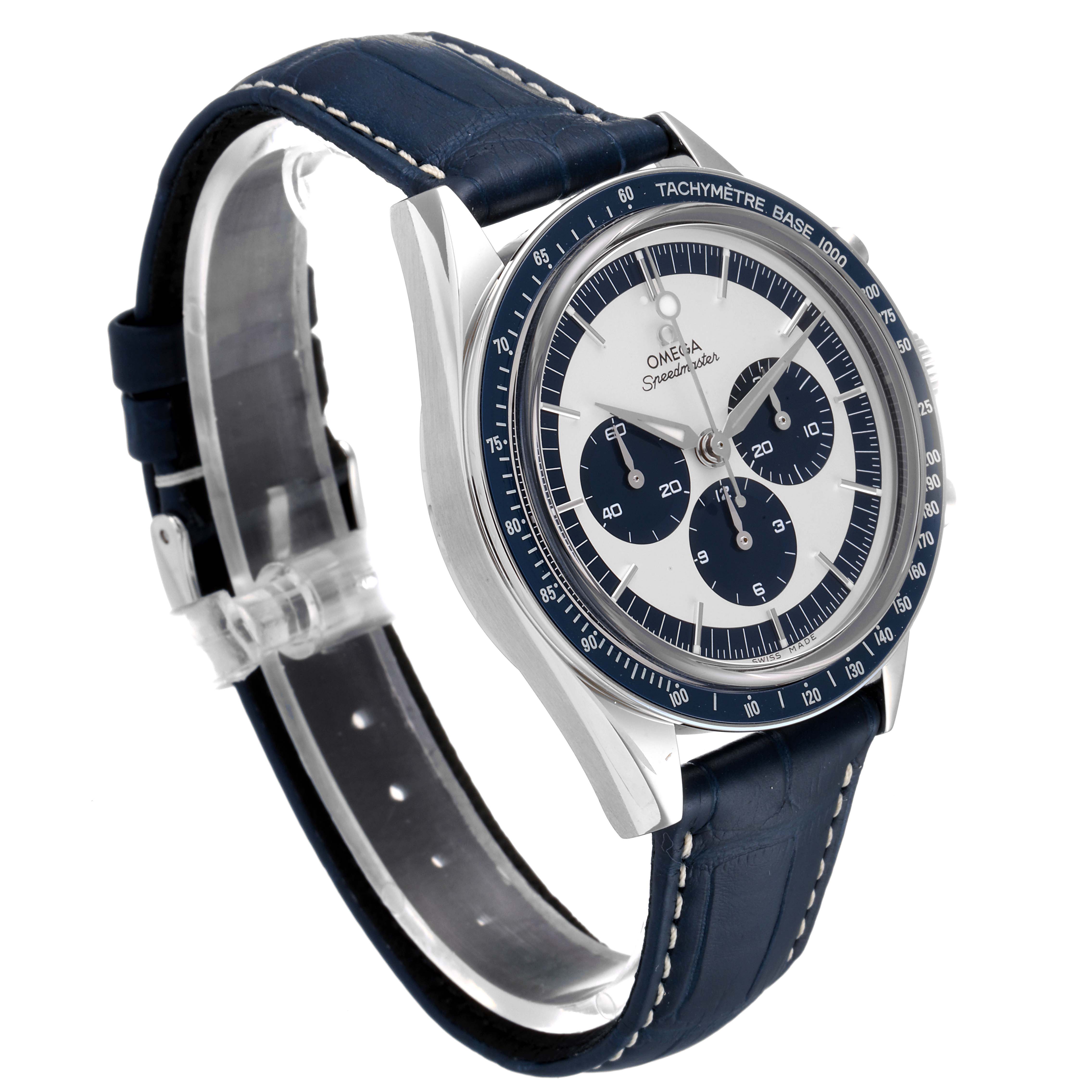 The Omega Speedmaster 311.33.40.30.02.001 Men's Stainless Steel Silver Dial 311.33.40.30.02.001 Men's Stainless Steel Silver Dial watch is shown at a three-quarter angle highlighting its face, tachymeter bezel, and blue leather strap.