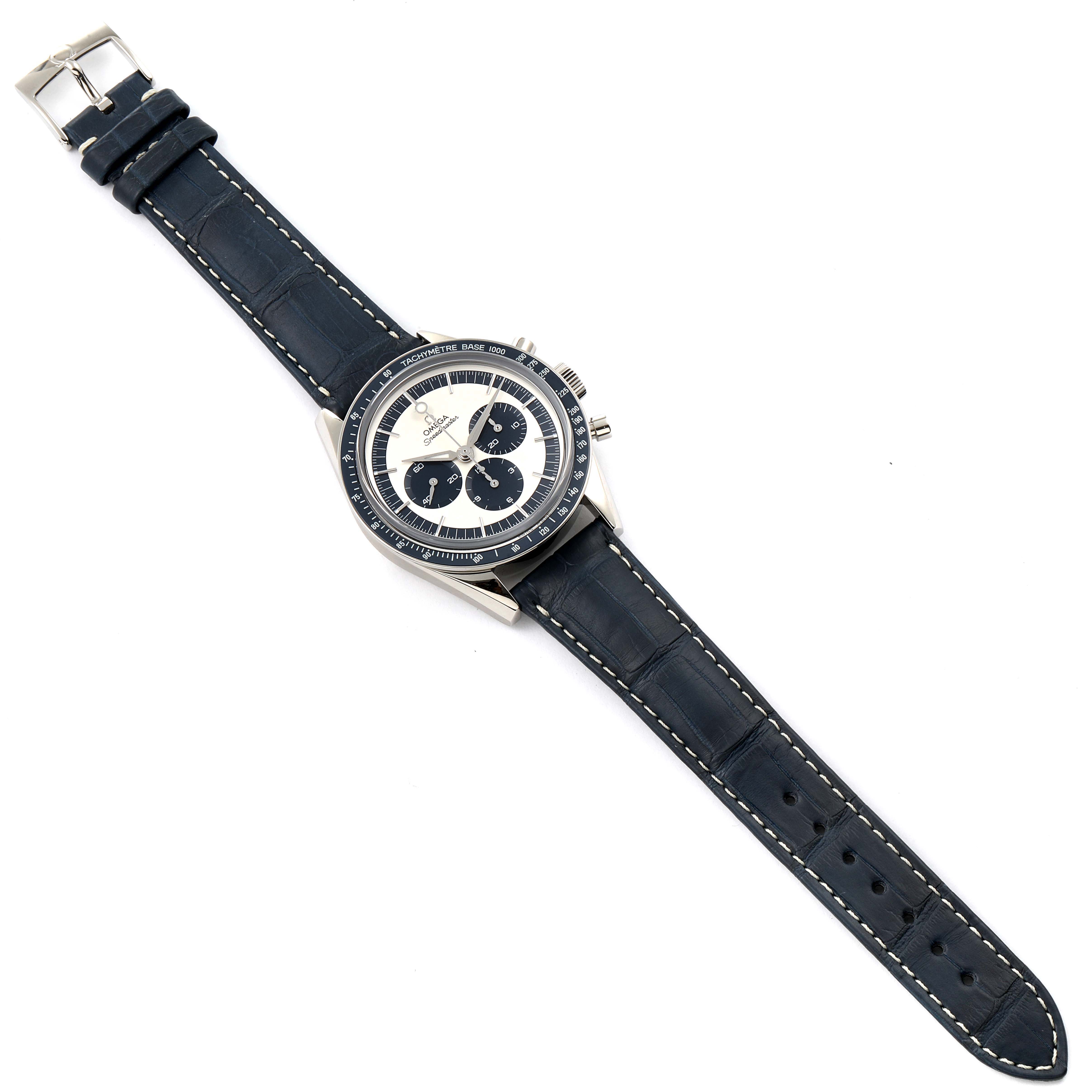 This image shows a top-down view of an Omega Speedmaster 311.33.40.30.02.001 Men's Stainless Steel Silver Dial 311.33.40.30.02.001 Men's Stainless Steel Silver Dial watch with a black leather strap and silver buckle.