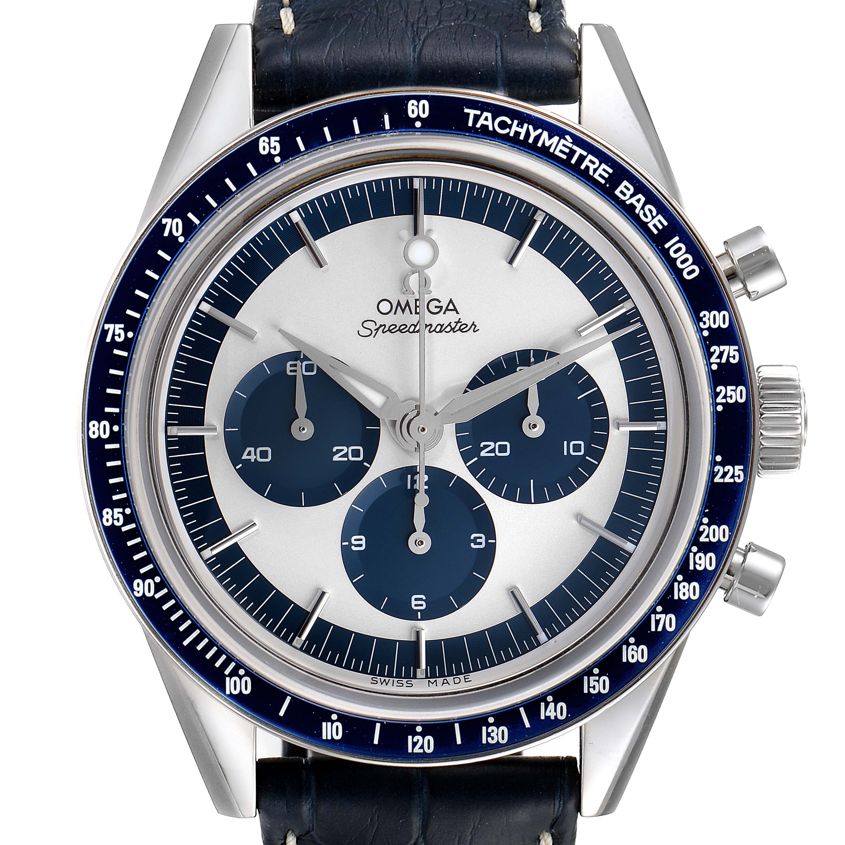 The image shows a front view of the Omega Speedmaster 311.33.40.30.02.001 Men's Stainless Steel Silver Dial 311.33.40.30.02.001 Men's Stainless Steel Silver Dial watch, highlighting the dial, subdials, bezel, and crown.