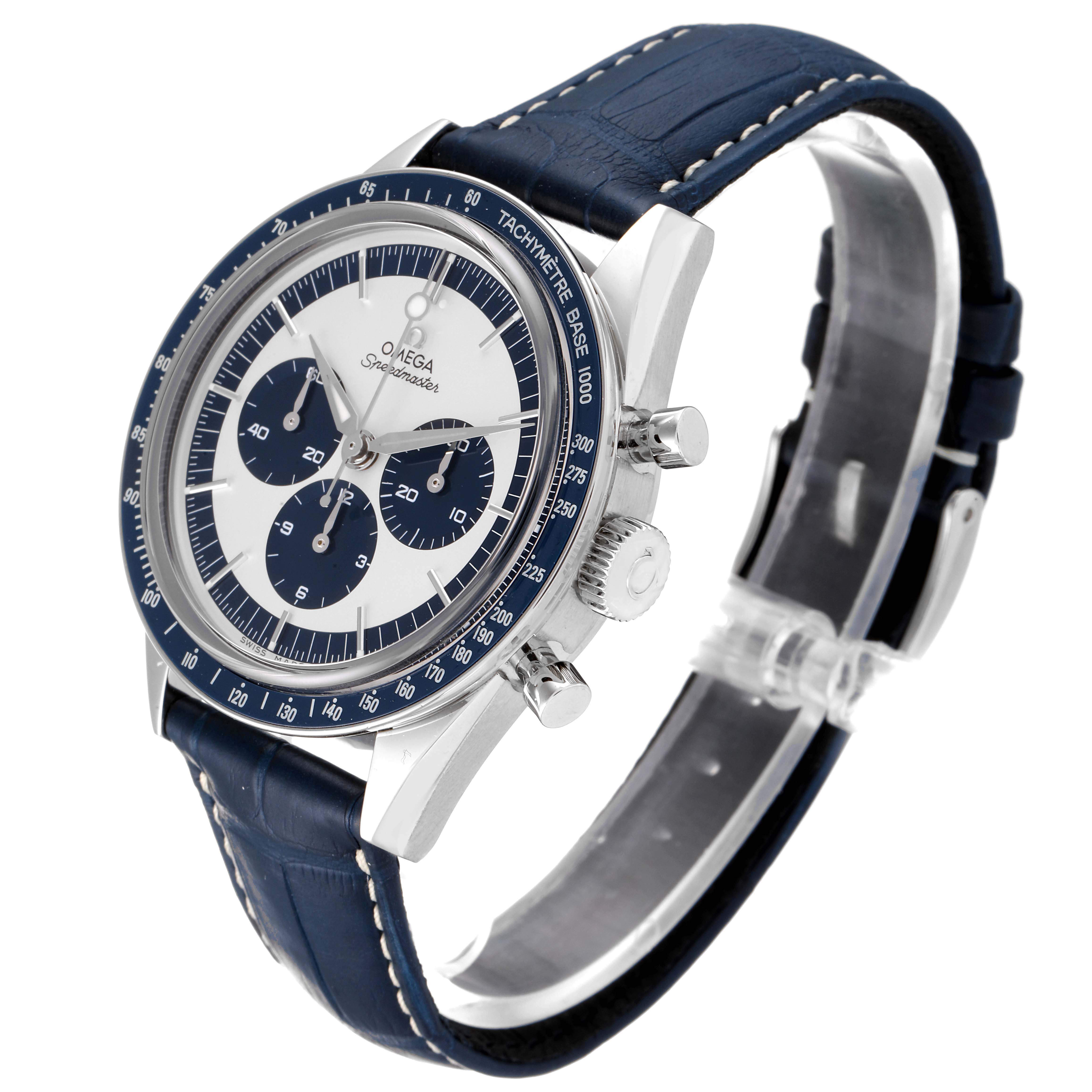The Omega Speedmaster 311.33.40.30.02.001 Men's Stainless Steel Silver Dial 311.33.40.30.02.001 Men's Stainless Steel Silver Dial watch is shown from an angled side view, highlighting the blue dial, tachymeter bezel, and blue leather strap.