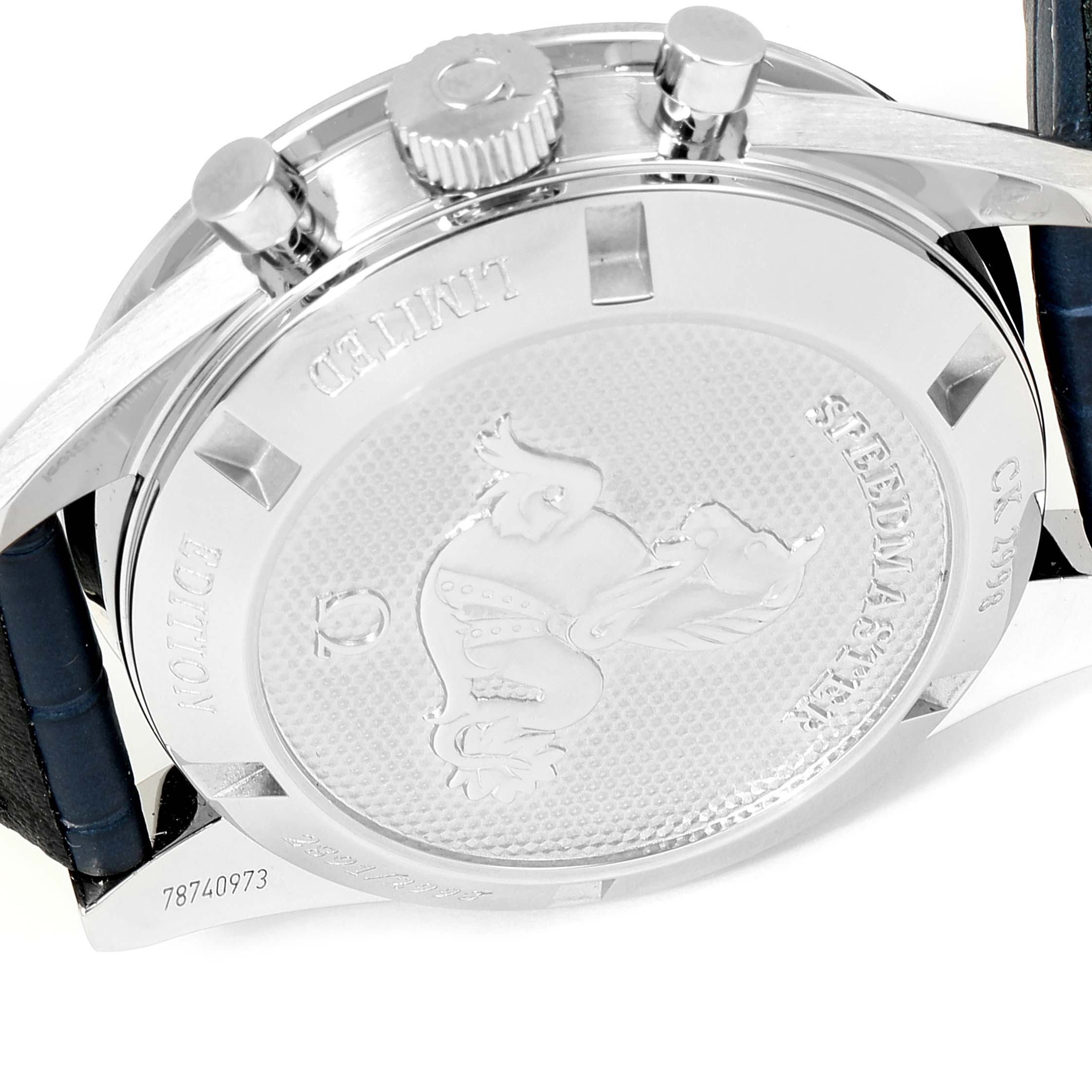 The image shows the case back of an Omega Speedmaster 311.33.40.30.02.001 Men's Stainless Steel Silver Dial 311.33.40.30.02.001 Men's Stainless Steel Silver Dial watch, highlighting the engravings and detailing.