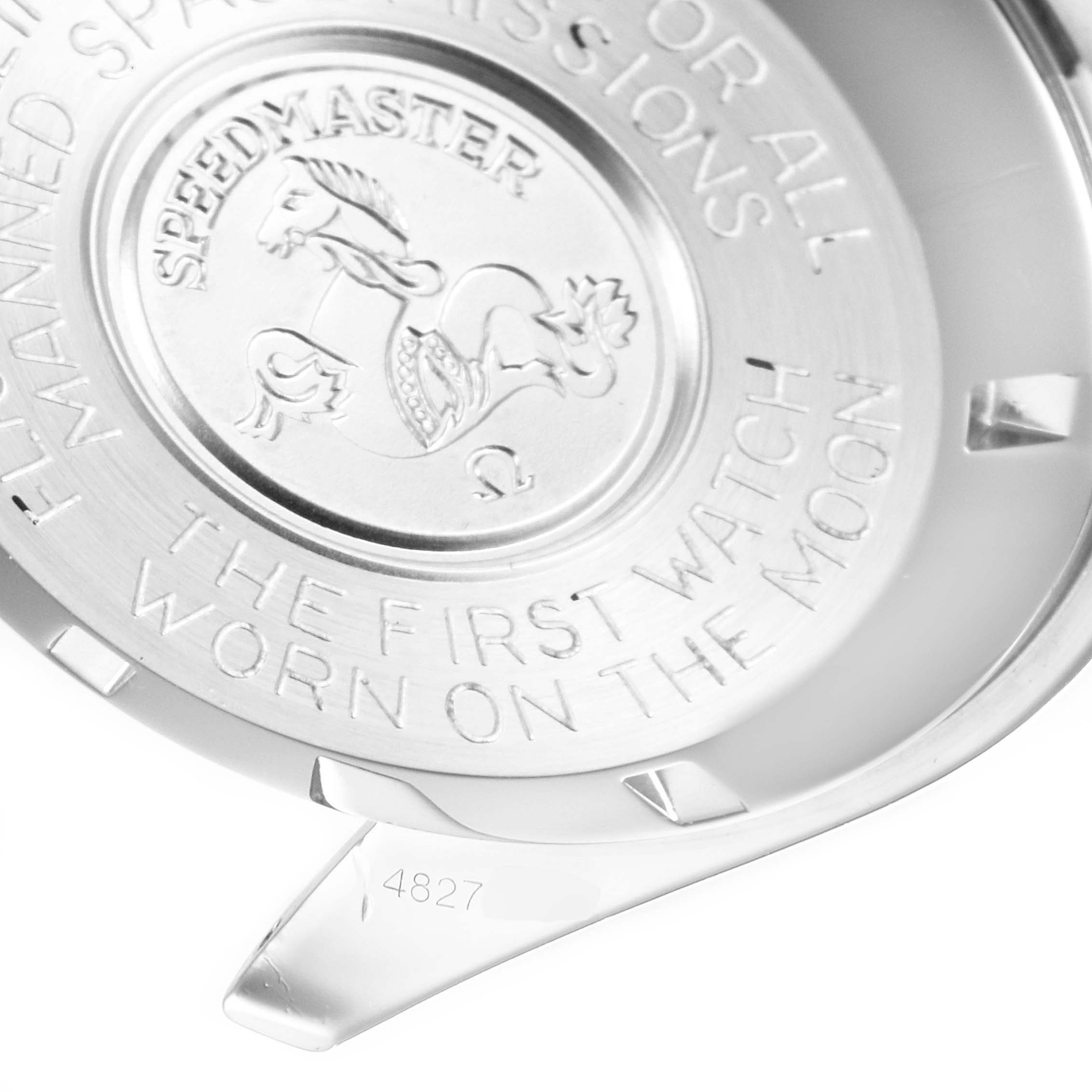 The image shows the engraved case back of an Omega Speedmaster 145.022 Men's Stainless Steel Black Dial 145.022 Men's Stainless Steel Black Dial model watch.