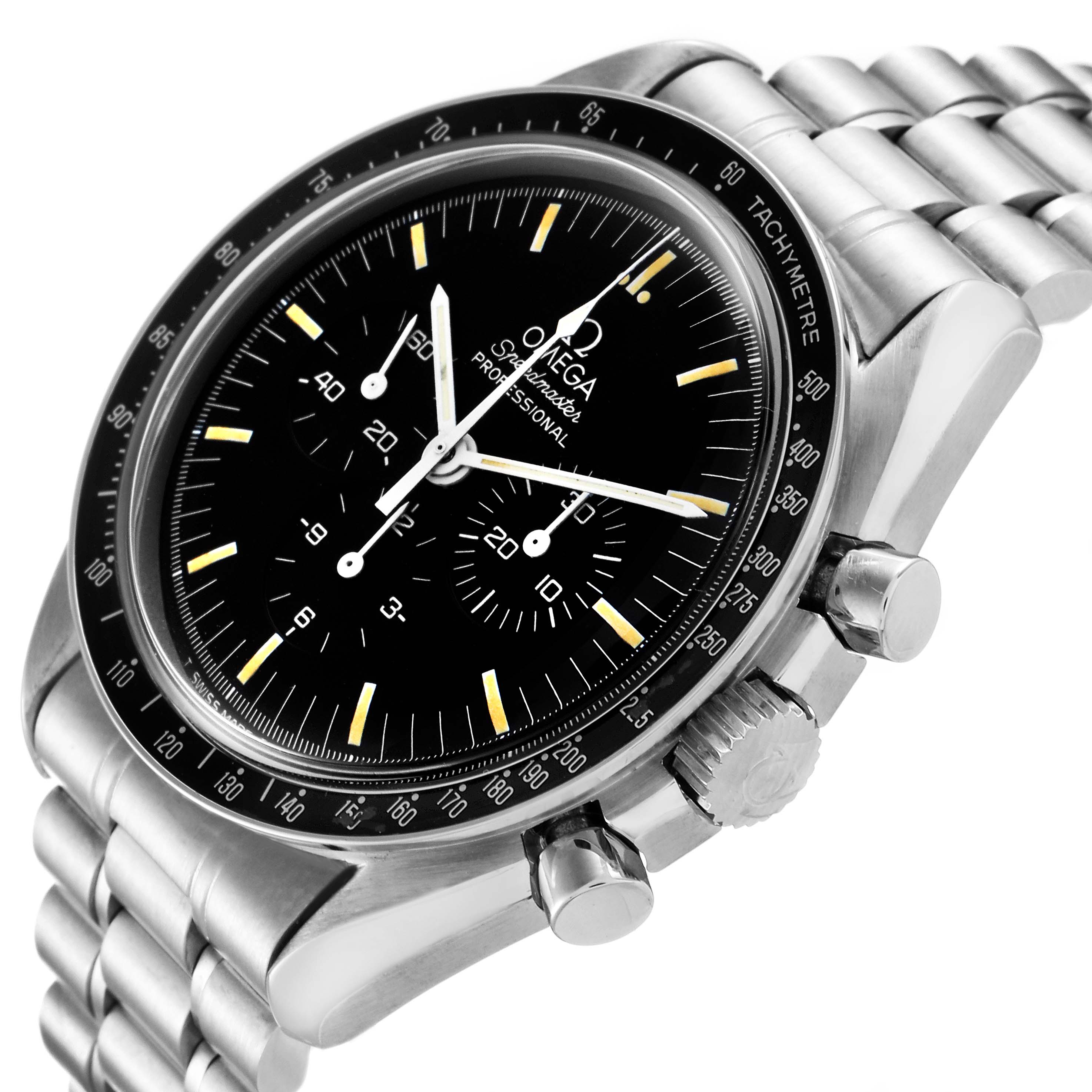 The image shows a close-up, angled view of the Omega Speedmaster 145.022 Men's Stainless Steel Black Dial 145.022 Men's Stainless Steel Black Dial watch, highlighting its face, bezel, and stainless steel bracelet.