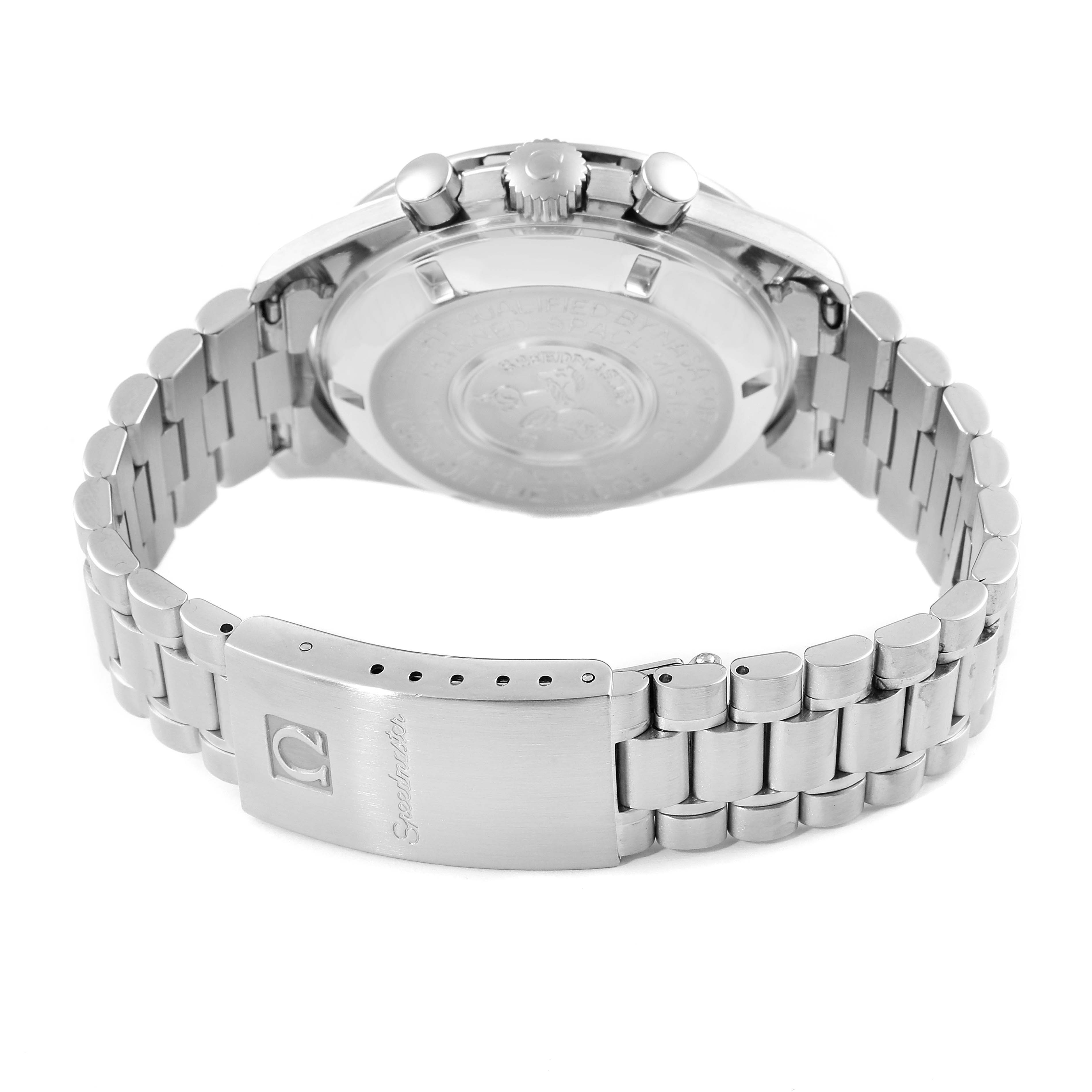 The image shows the back view of an Omega Speedmaster 145.022 Men's Stainless Steel Black Dial 145.022 Men's Stainless Steel Black Dial watch, focusing on its case back, crown, pushers, and metal bracelet.