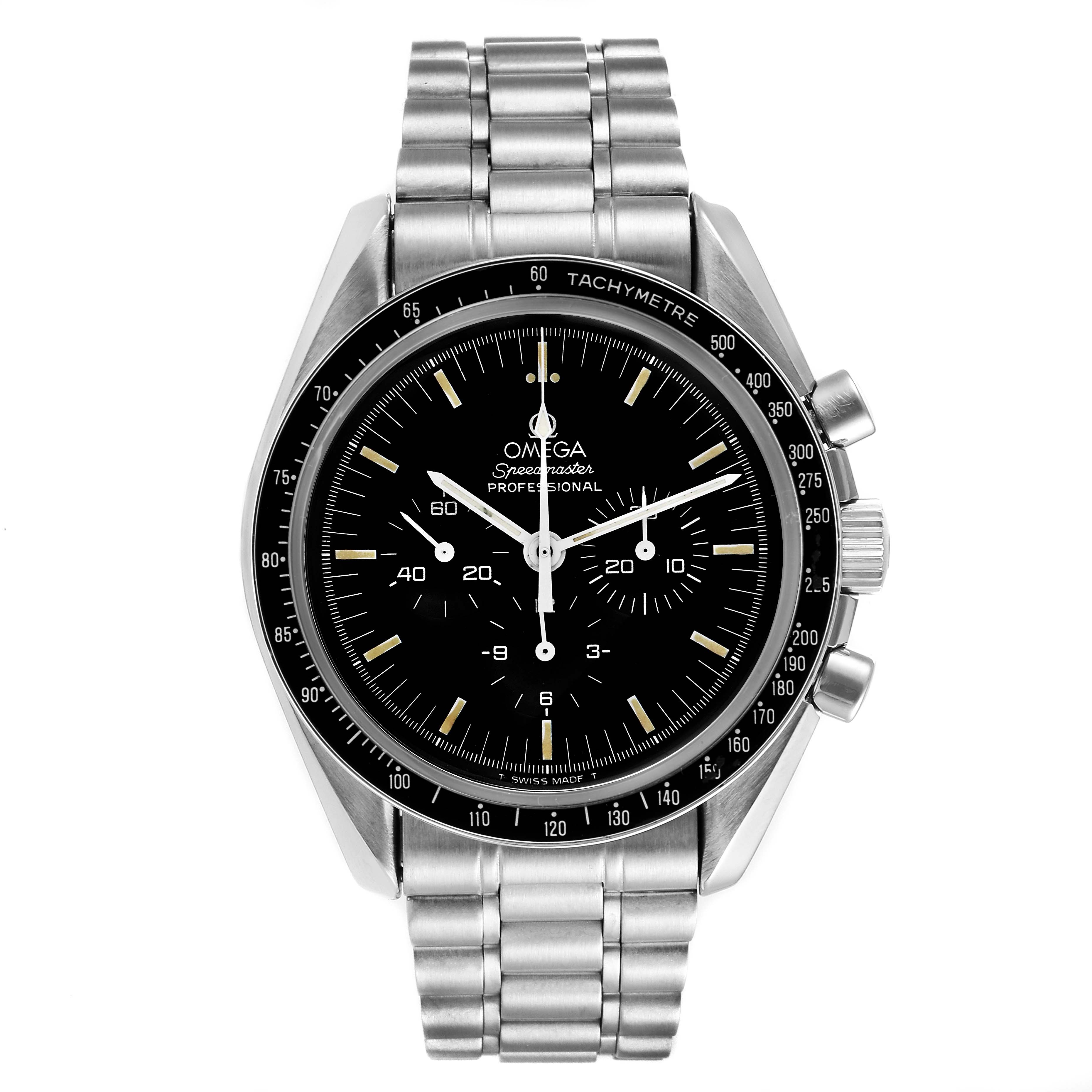 The image shows a front view of the Omega Speedmaster 145.022 Men's Stainless Steel Black Dial 145.022 Men's Stainless Steel Black Dial Professional watch, highlighting its dial, tachymeter bezel, and metal bracelet.