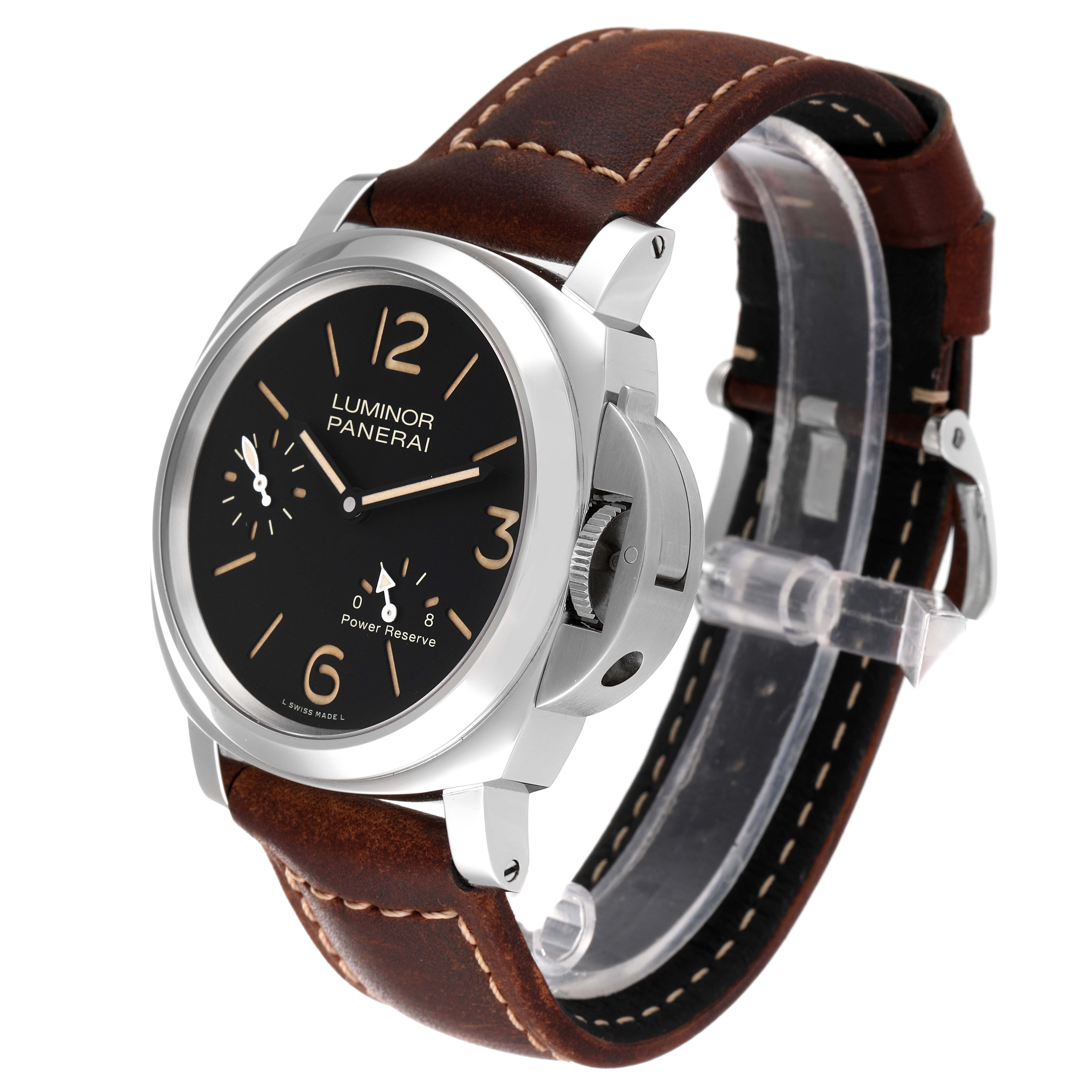 The Panerai Luminor PAM00795 Men
s Stainless Steel Black Dial PAM00795 Men
s Stainless Steel Black Dial watch is shown at a slightly angled side view, highlighting its dial, crown guard, and leather strap.