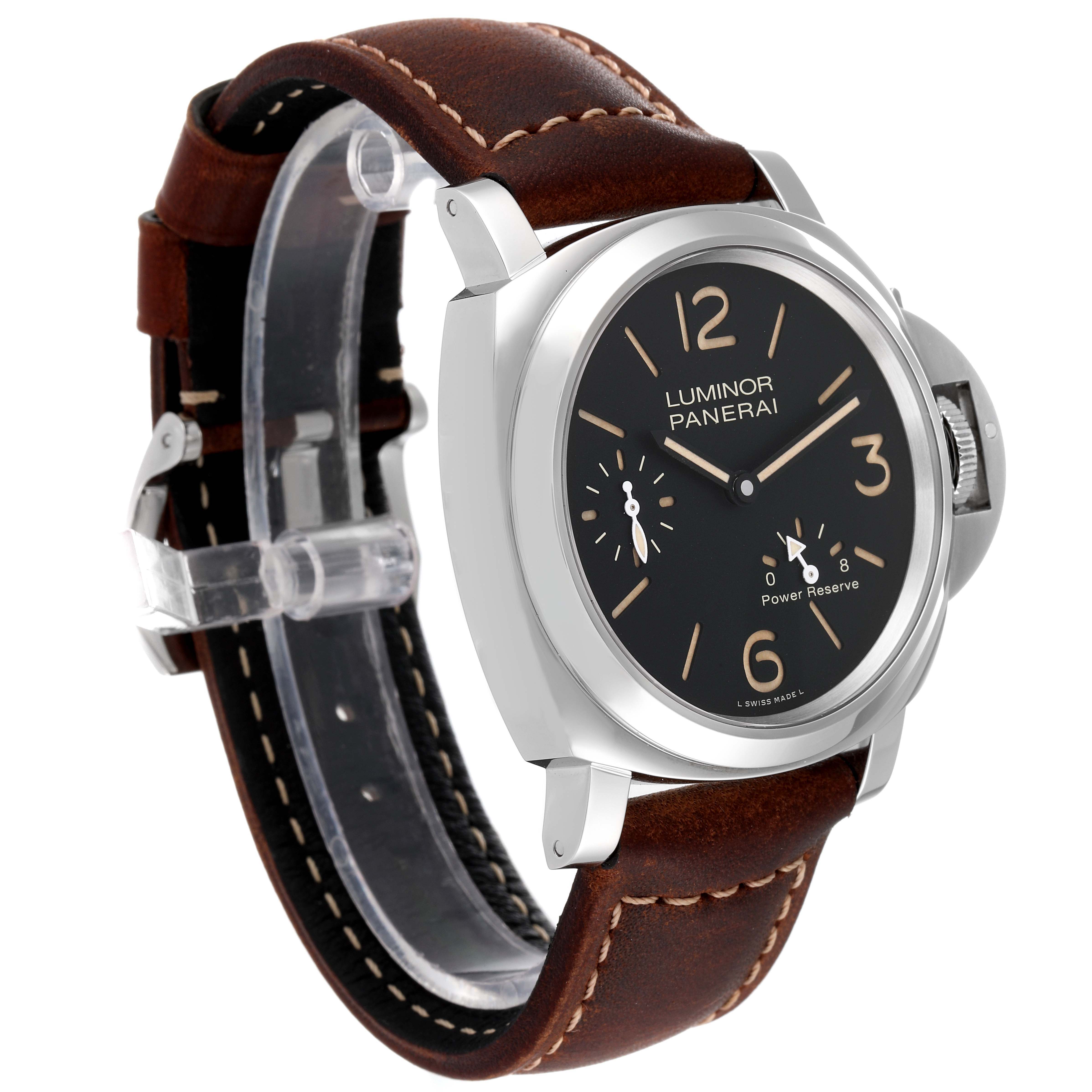 The image shows a Panerai Luminor PAM00795 Men
s Stainless Steel Black Dial PAM00795 Men
s Stainless Steel Black Dial watch with a brown leather strap viewed from a front angle.