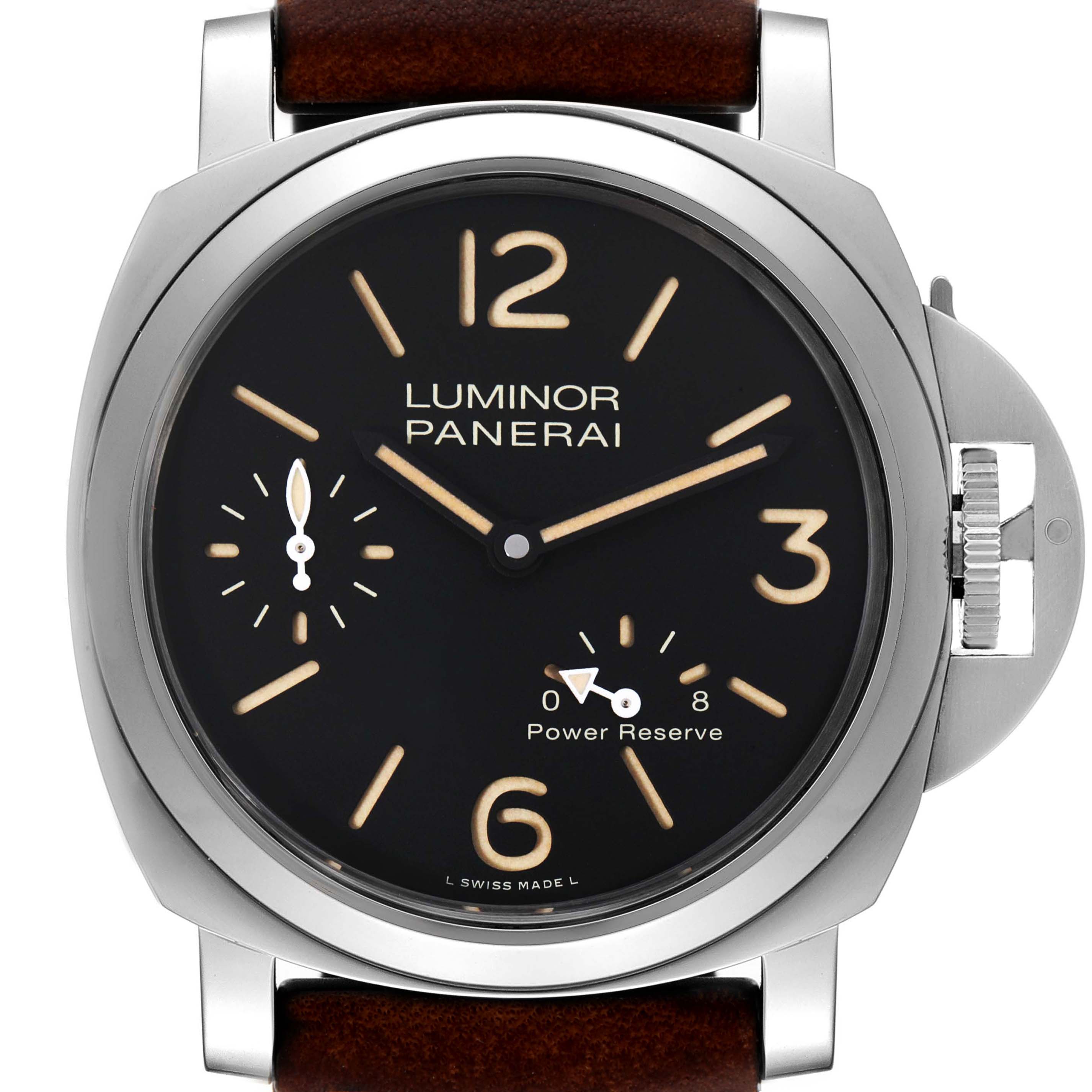 The image shows a front view of a Panerai Luminor PAM00795 Men
s Stainless Steel Black Dial PAM00795 Men
s Stainless Steel Black Dial watch, highlighting its dial, hands, crown guard, and leather strap.