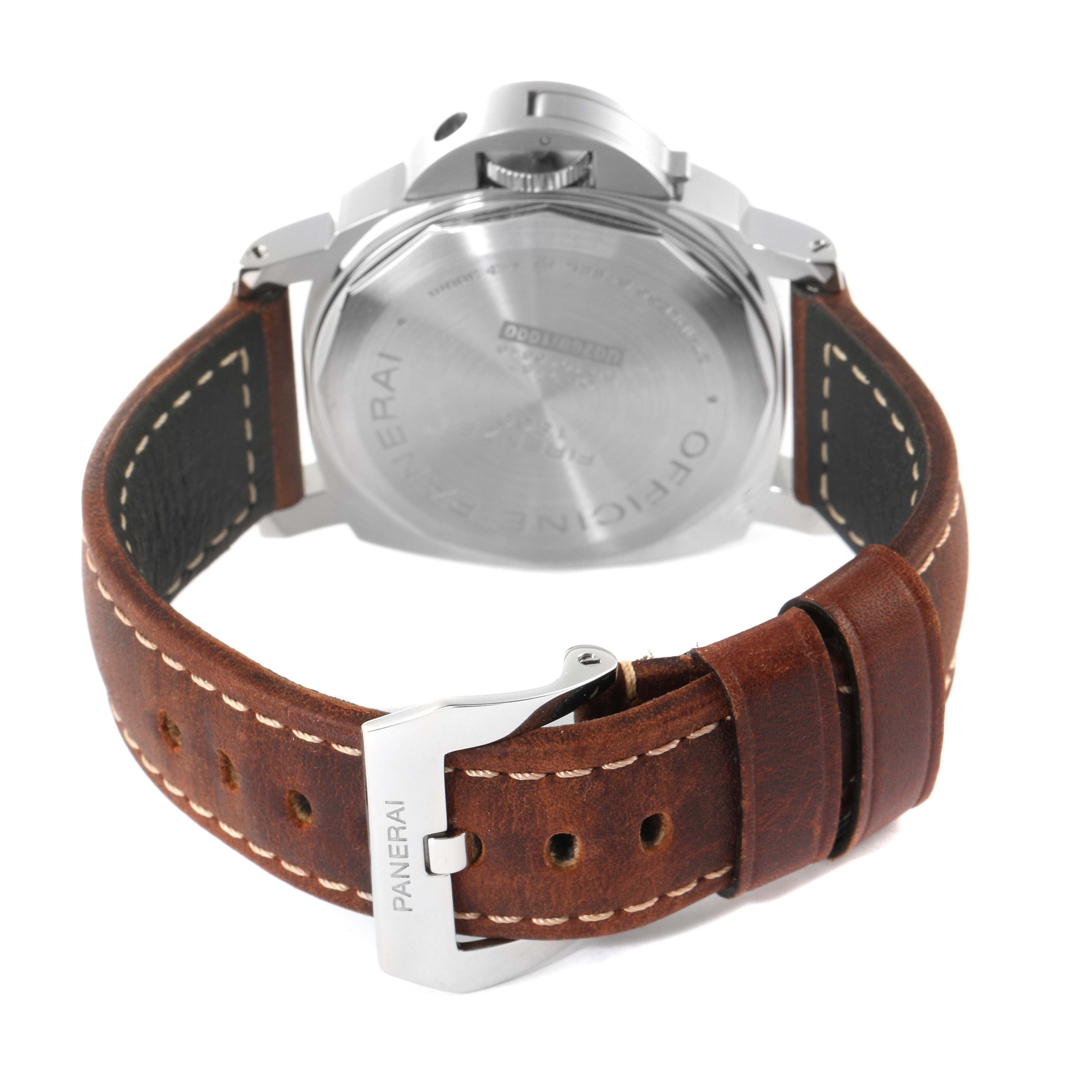 The image shows the back of a Panerai Luminor PAM00795 Men
s Stainless Steel Black Dial PAM00795 Men
s Stainless Steel Black Dial watch, focusing on the case back and brown leather strap with a buckle.