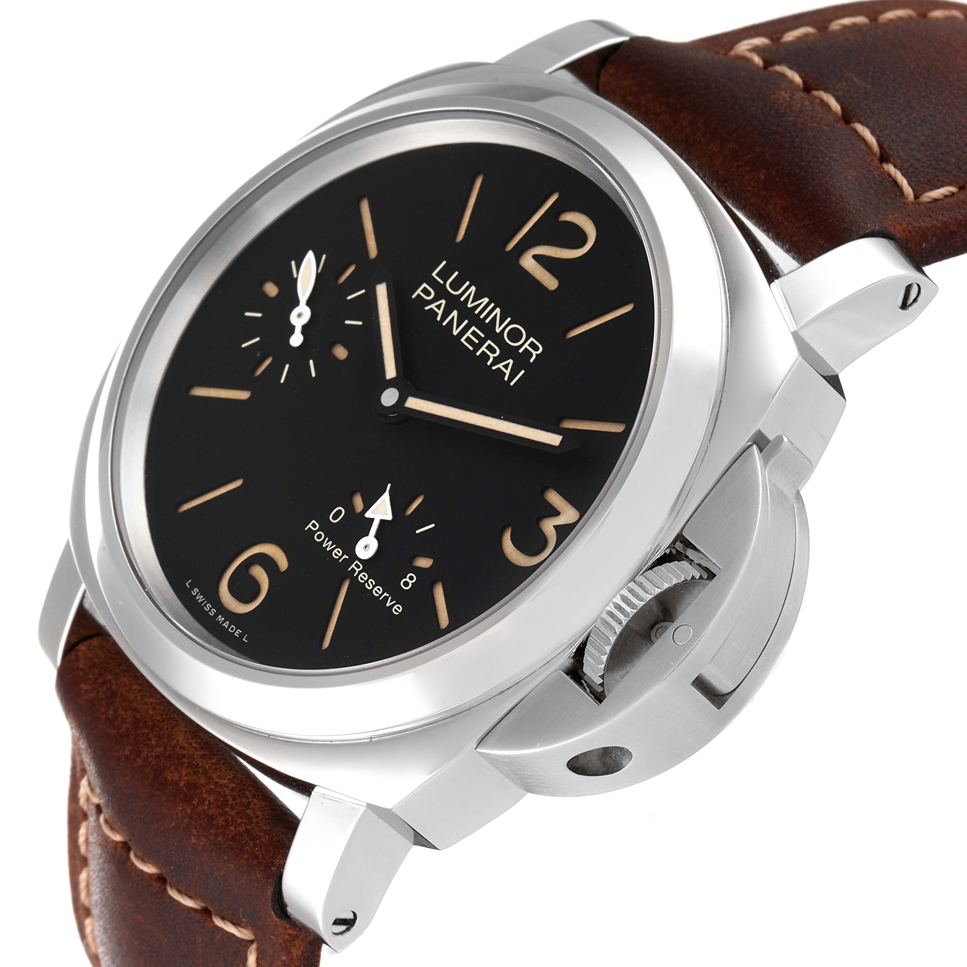 The image shows a Panerai Luminor PAM00795 Men
s Stainless Steel Black Dial PAM00795 Men
s Stainless Steel Black Dial watch at an angled side view highlighting the dial, crown guard, and leather strap.
