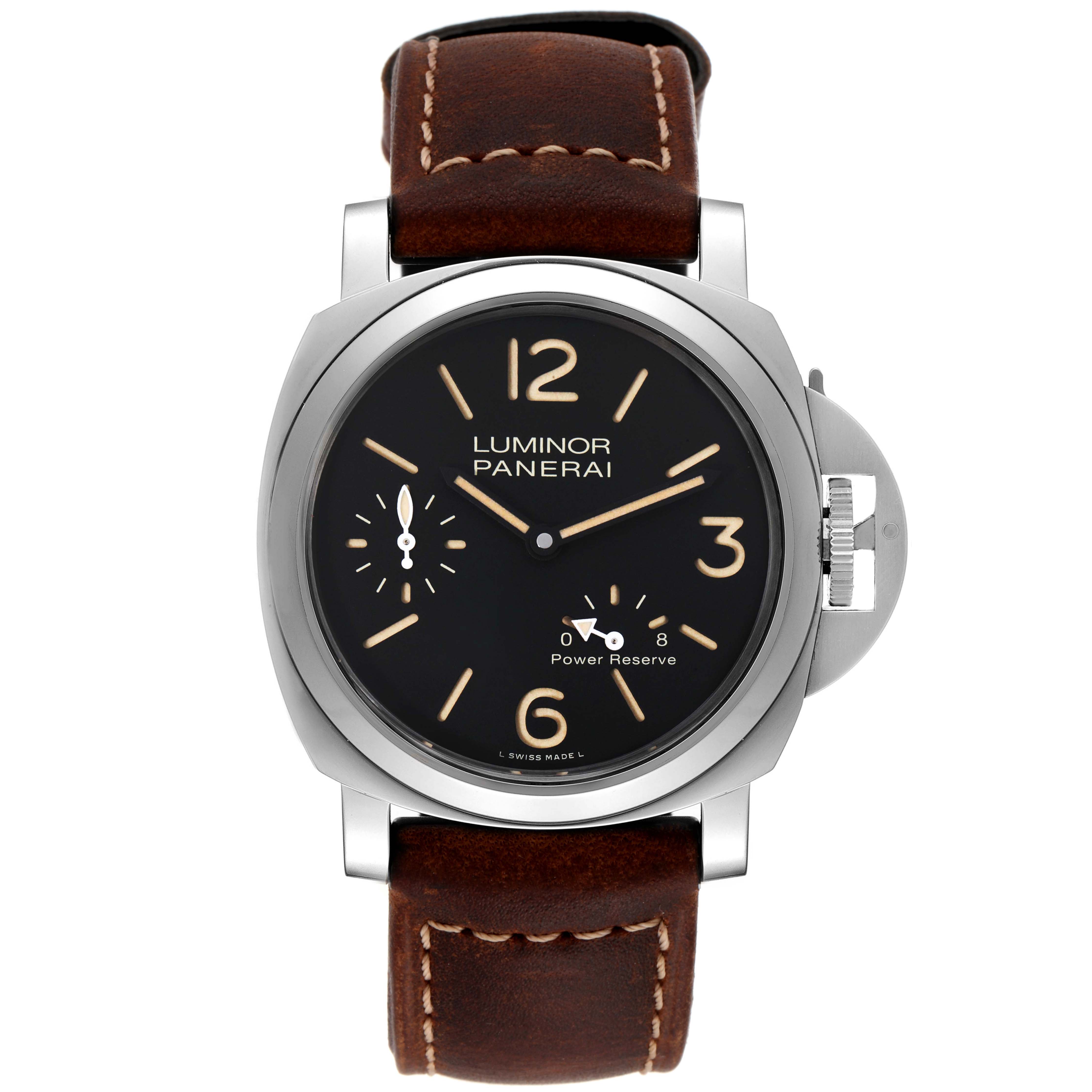 The image shows a front view of the Panerai Luminor PAM00795 Men
s Stainless Steel Black Dial PAM00795 Men
s Stainless Steel Black Dial watch displaying the dial, crown guard, and leather strap.