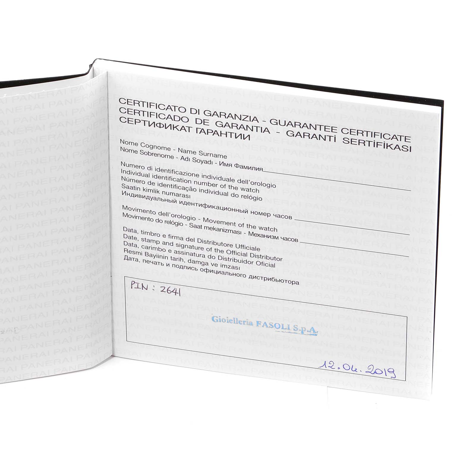 The image shows the guarantee certificate for a Panerai Luminor PAM00795 Men
s Stainless Steel Black Dial PAM00795 Men
s Stainless Steel Black Dial model watch.