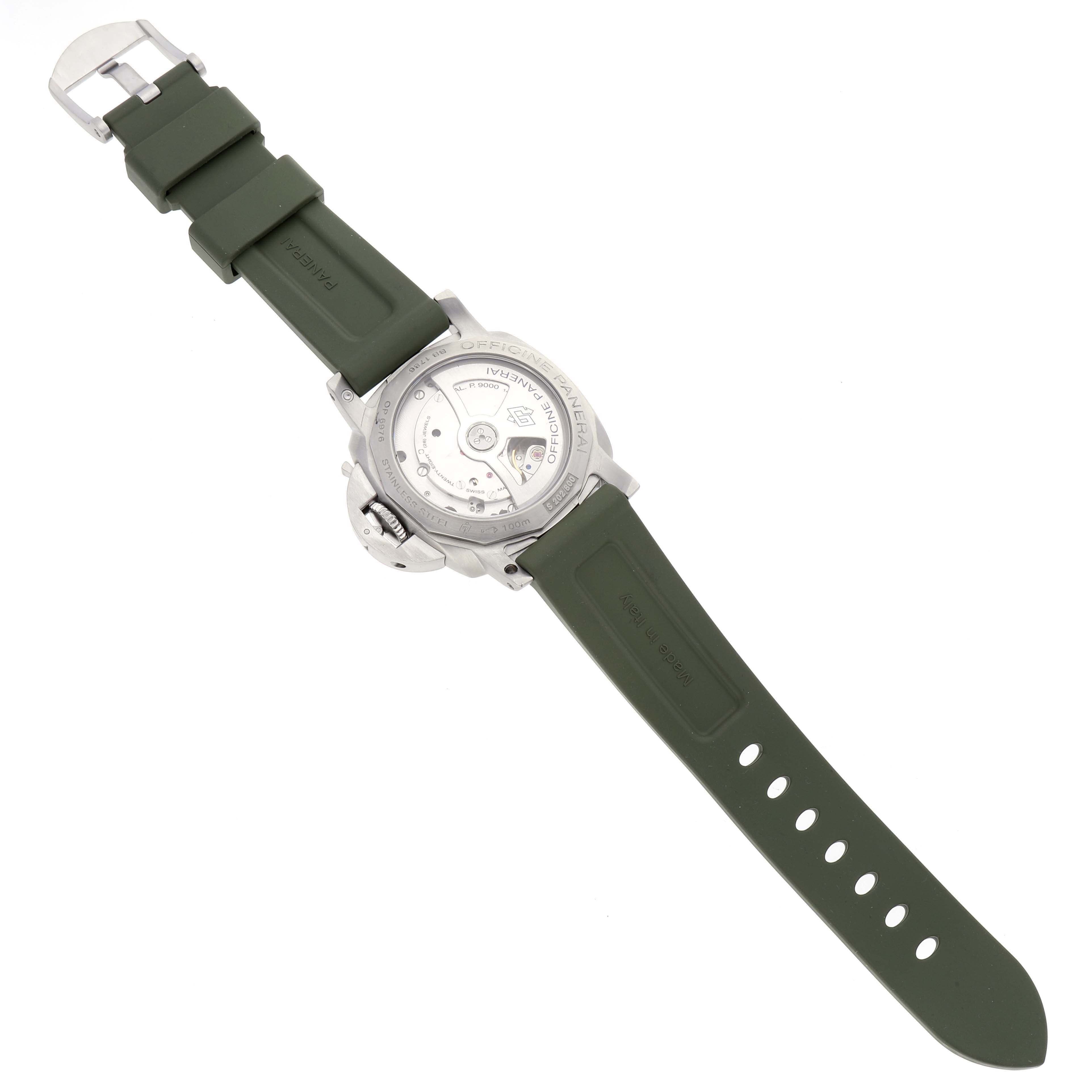 The image shows the back view of a Panerai Luminor PAM00392 Men's Stainless Steel Black Dial PAM00392 Men's Stainless Steel Black Dial watch, highlighting the transparent case back and movement, with an olive green strap.