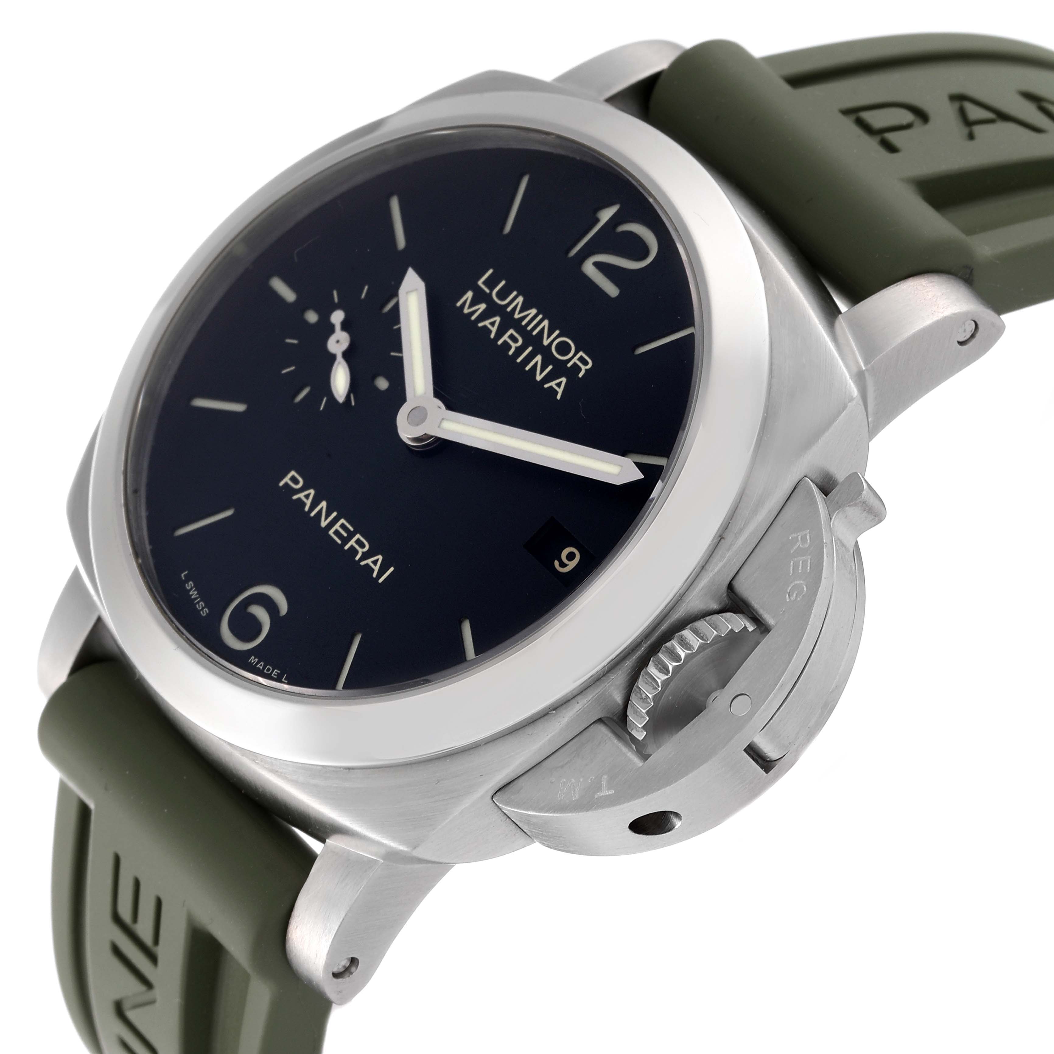 This Panerai Luminor PAM00392 Men's Stainless Steel Black Dial PAM00392 Men's Stainless Steel Black Dial watch is shown at an angled view, highlighting the face, crown guard, and green rubber strap.