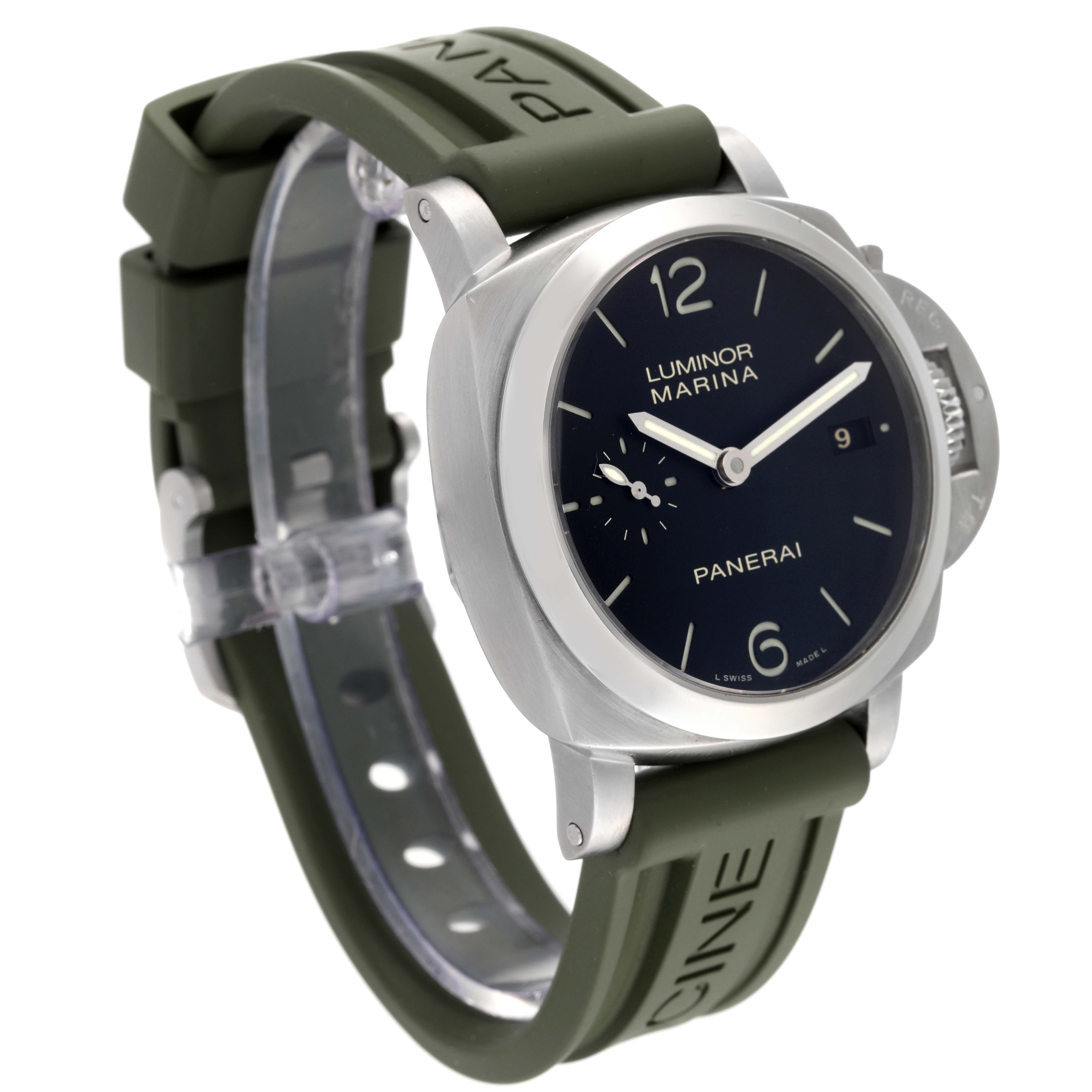 The image shows a Panerai Luminor PAM00392 Men's Stainless Steel Black Dial PAM00392 Men's Stainless Steel Black Dial watch angled to display the face, casing, and green strap with branding.
