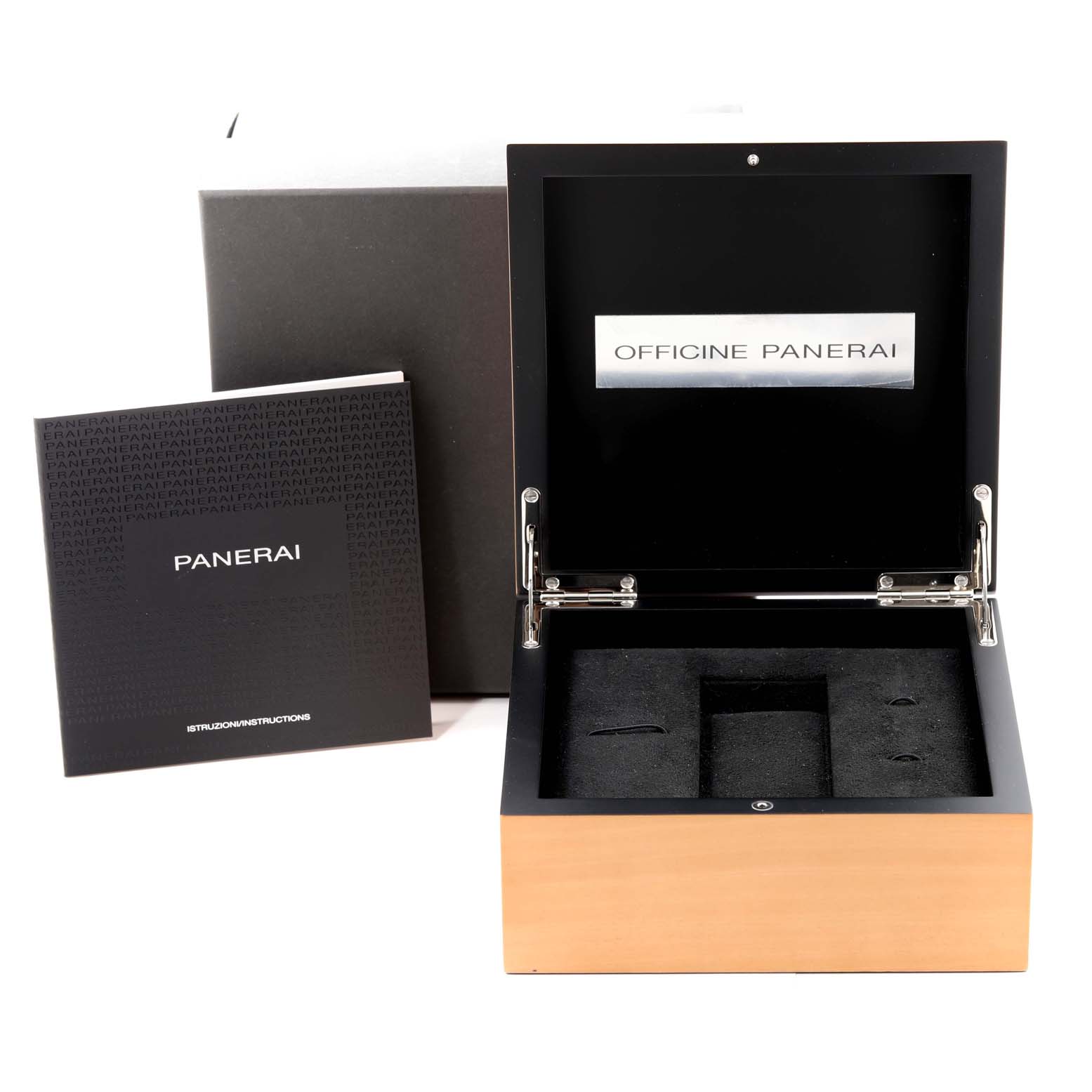 The image shows an open Panerai Luminor PAM00392 Men's Stainless Steel Black Dial PAM00392 Men's Stainless Steel Black Dial watch box with compartments and an instruction booklet beside it.