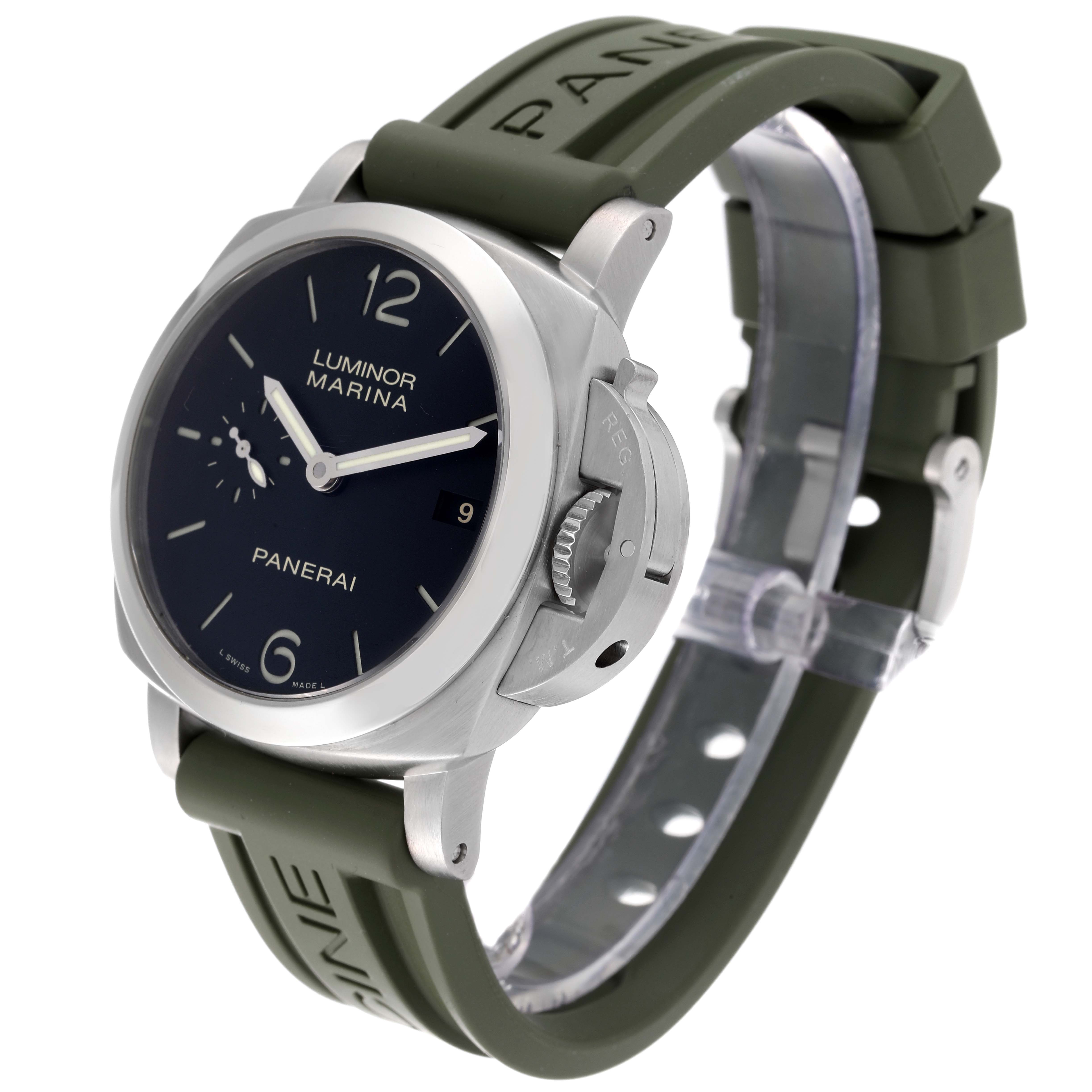 The image shows a Panerai Luminor PAM00392 Men's Stainless Steel Black Dial PAM00392 Men's Stainless Steel Black Dial Marina watch angled slightly from the front, highlighting the watch's face, crown guard, and green rubber strap.