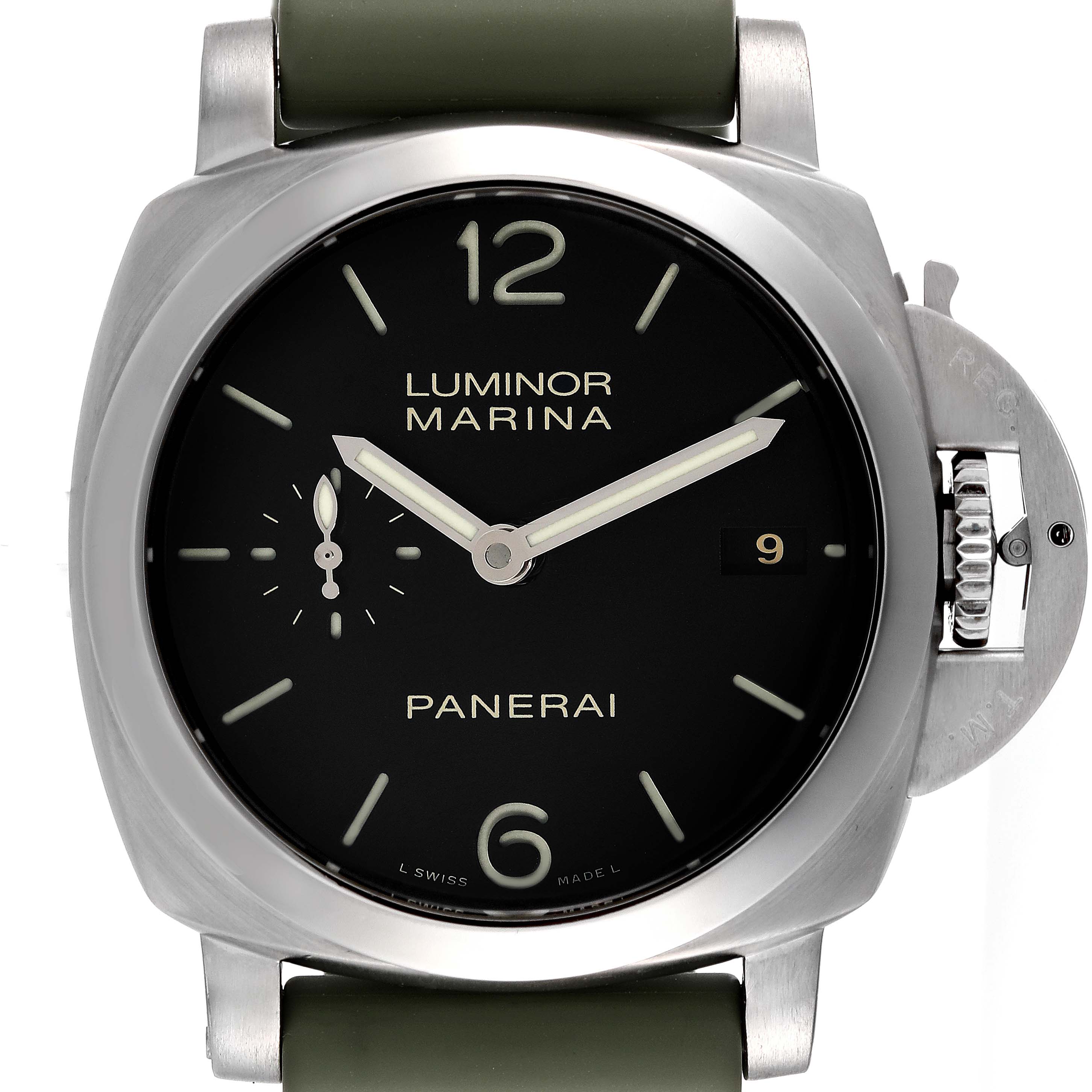 This image shows a frontal view of a Panerai Luminor PAM00392 Men's Stainless Steel Black Dial PAM00392 Men's Stainless Steel Black Dial Marina watch, featuring its dial, hands, crown protector, and strap.