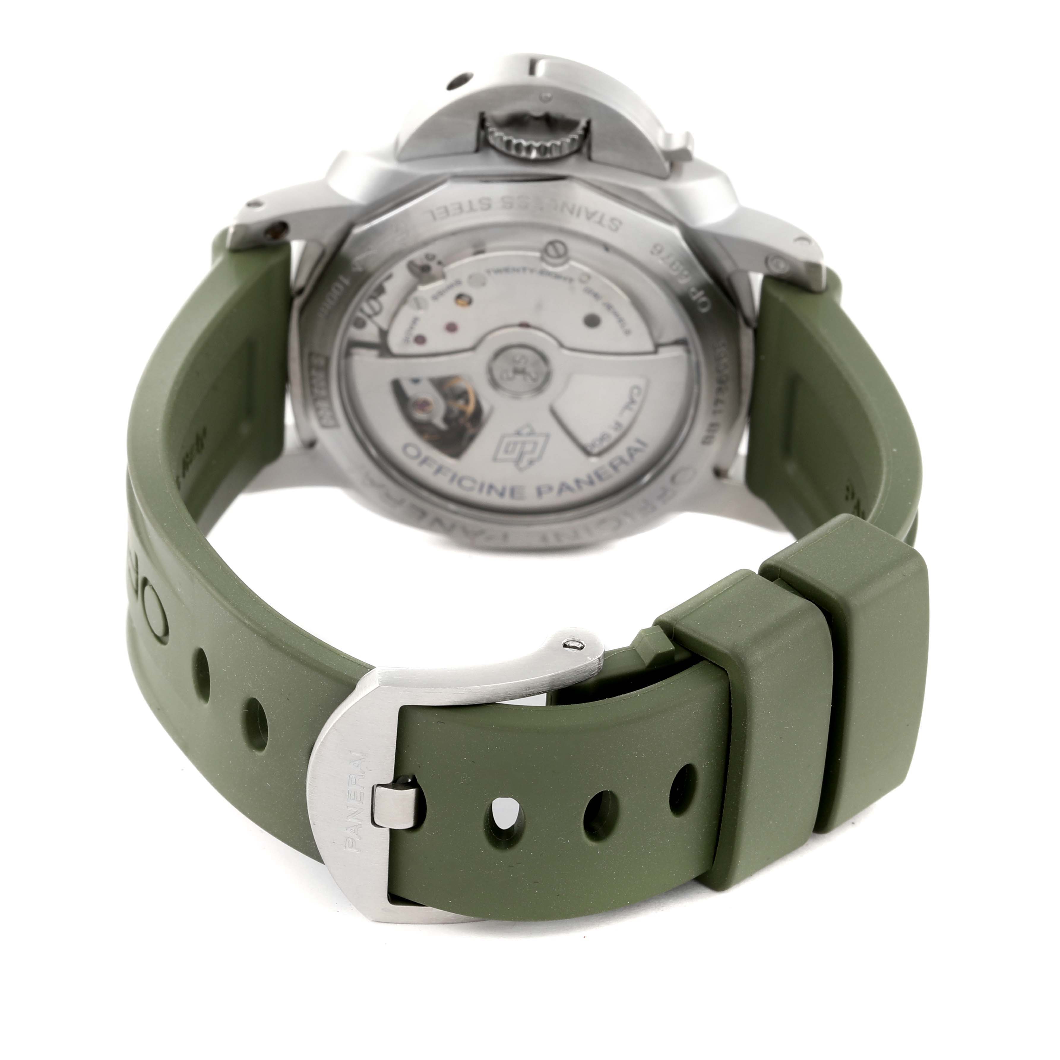 The image shows the back view of the Panerai Luminor PAM00392 Men's Stainless Steel Black Dial PAM00392 Men's Stainless Steel Black Dial watch, prominently displaying its green strap and stainless steel buckle.