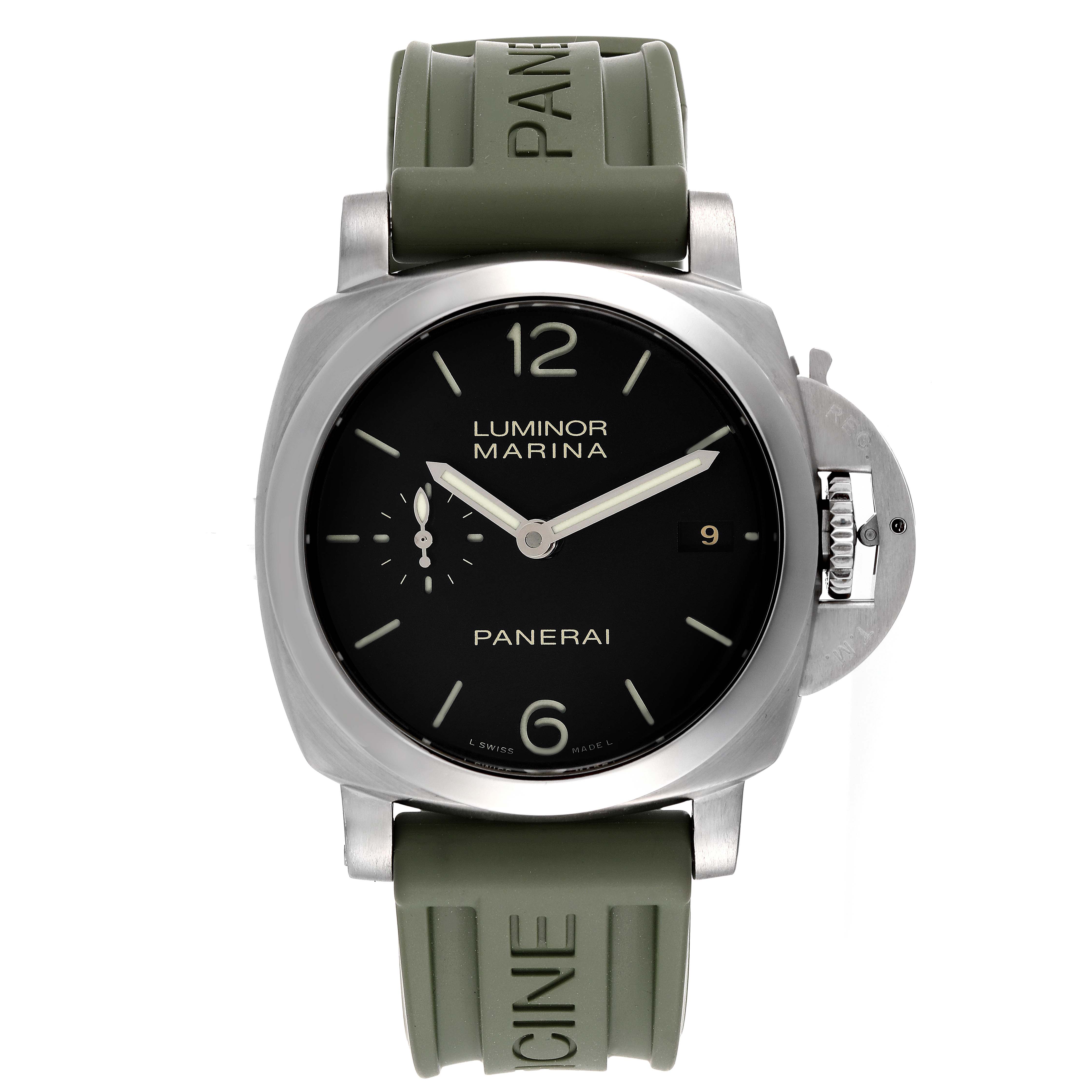 The image shows a front view of the Panerai Luminor PAM00392 Men's Stainless Steel Black Dial PAM00392 Men's Stainless Steel Black Dial watch, highlighting the dial, case, and green rubber strap.