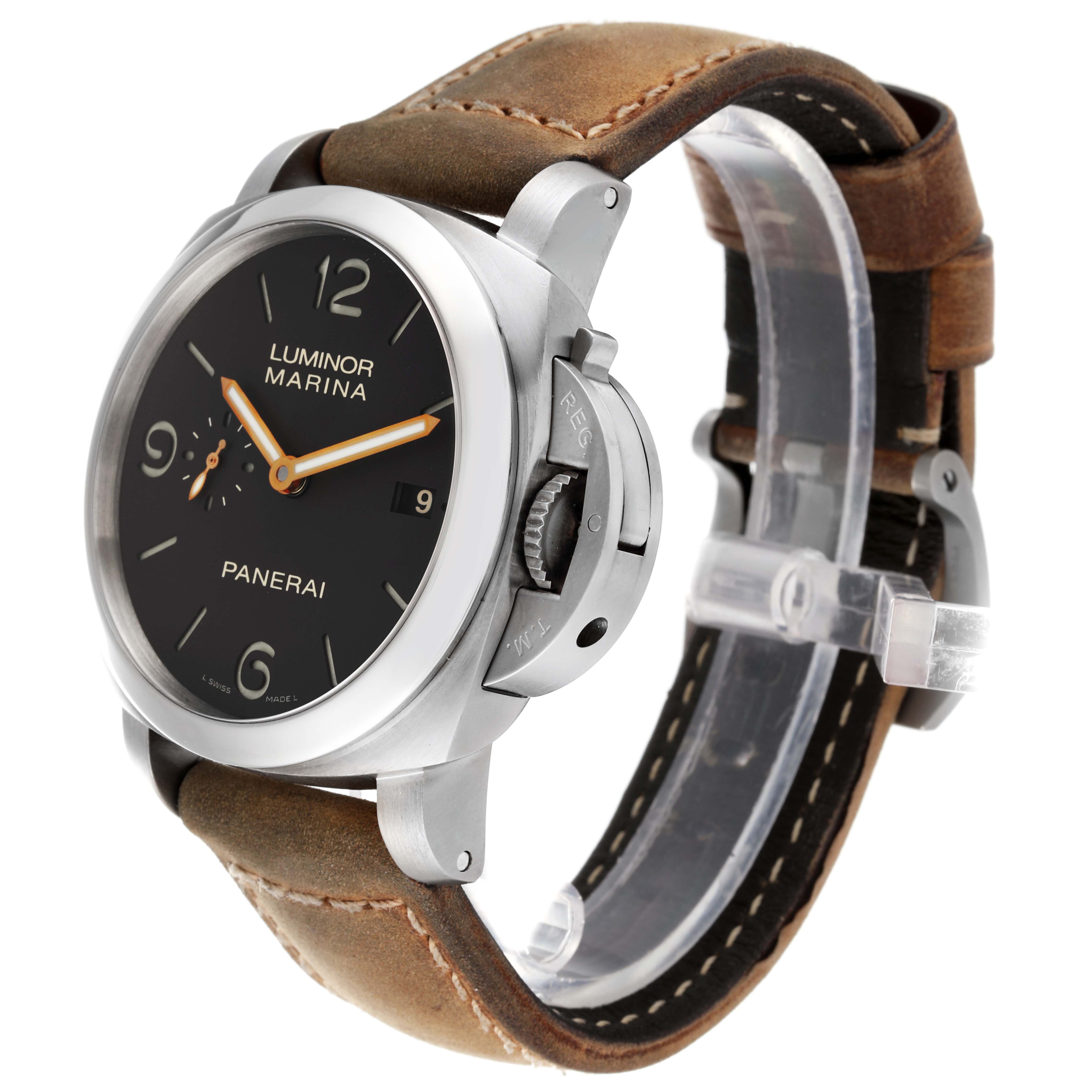 This image shows a Panerai Luminor PAM00351 Men's Titanium Black Dial PAM00351 Men's Titanium Black Dial watch at a three-quarter angle, highlighting its dial, crown guard, and leather strap.