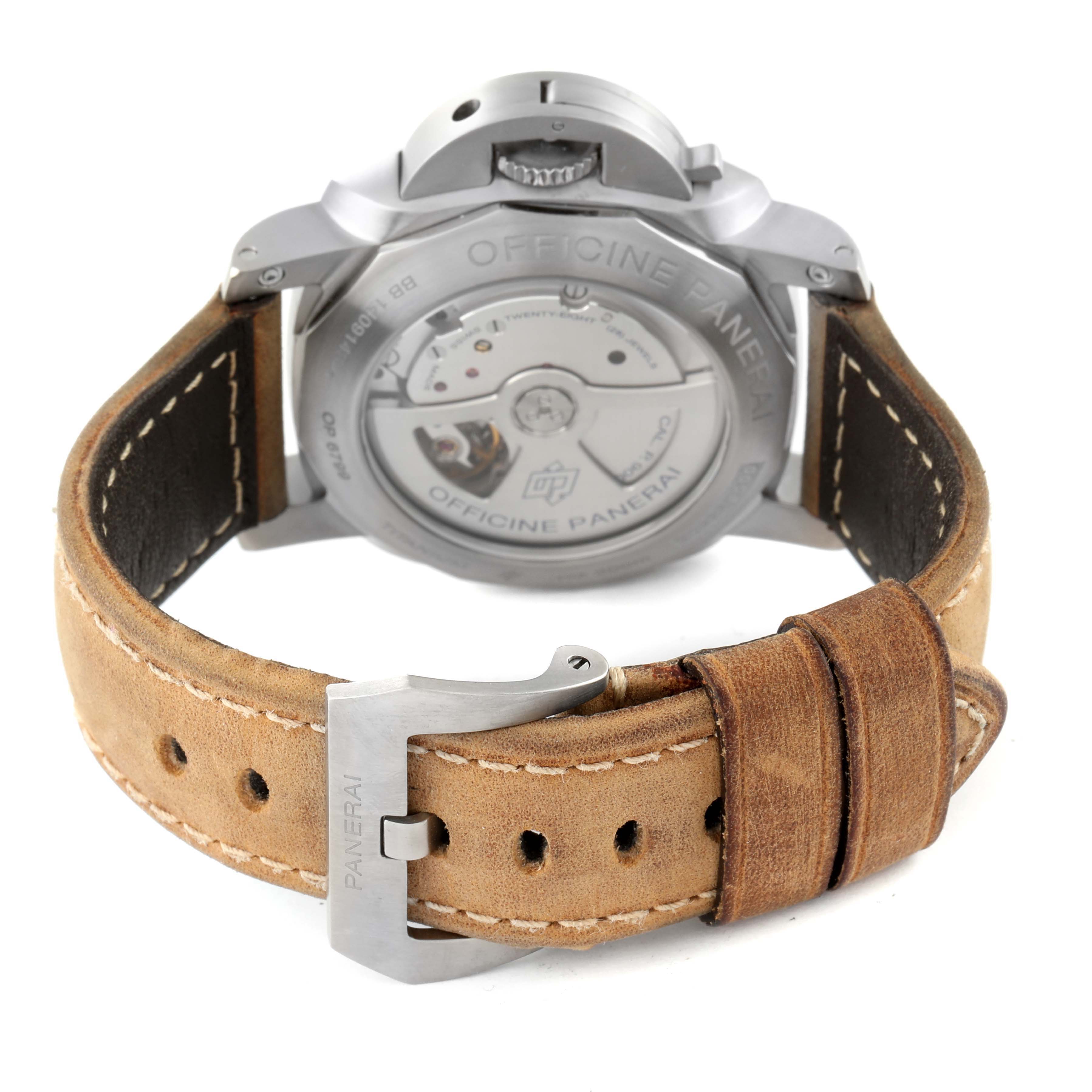 The image shows the rear view of a Panerai Luminor PAM00351 Men's Titanium Black Dial PAM00351 Men's Titanium Black Dial watch, featuring the case back and leather strap with a Panerai-engraved buckle.