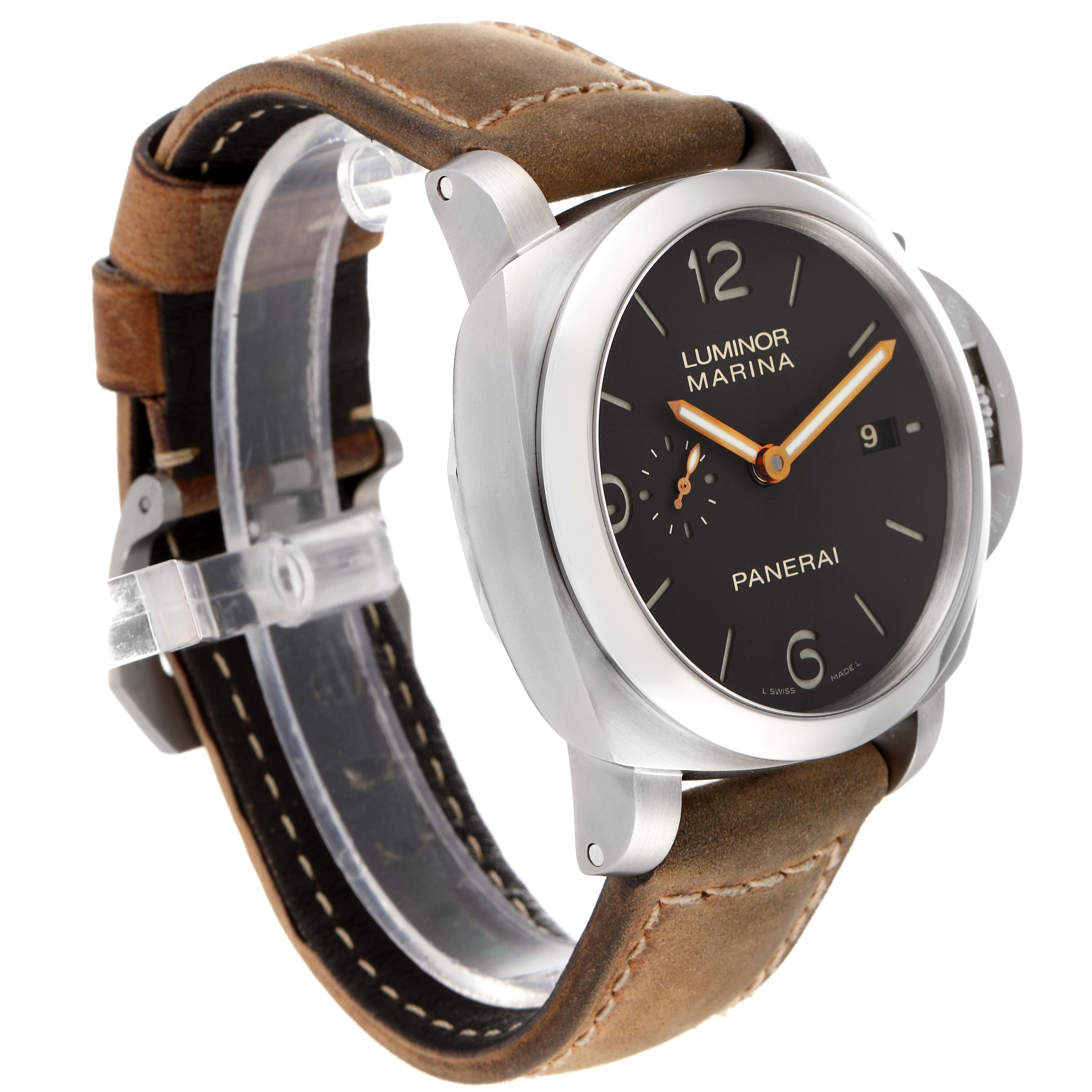 This image shows a Panerai Luminor PAM00351 Men's Titanium Black Dial PAM00351 Men's Titanium Black Dial watch at a three-quarter angle, highlighting the face, bezel, and brown leather strap.