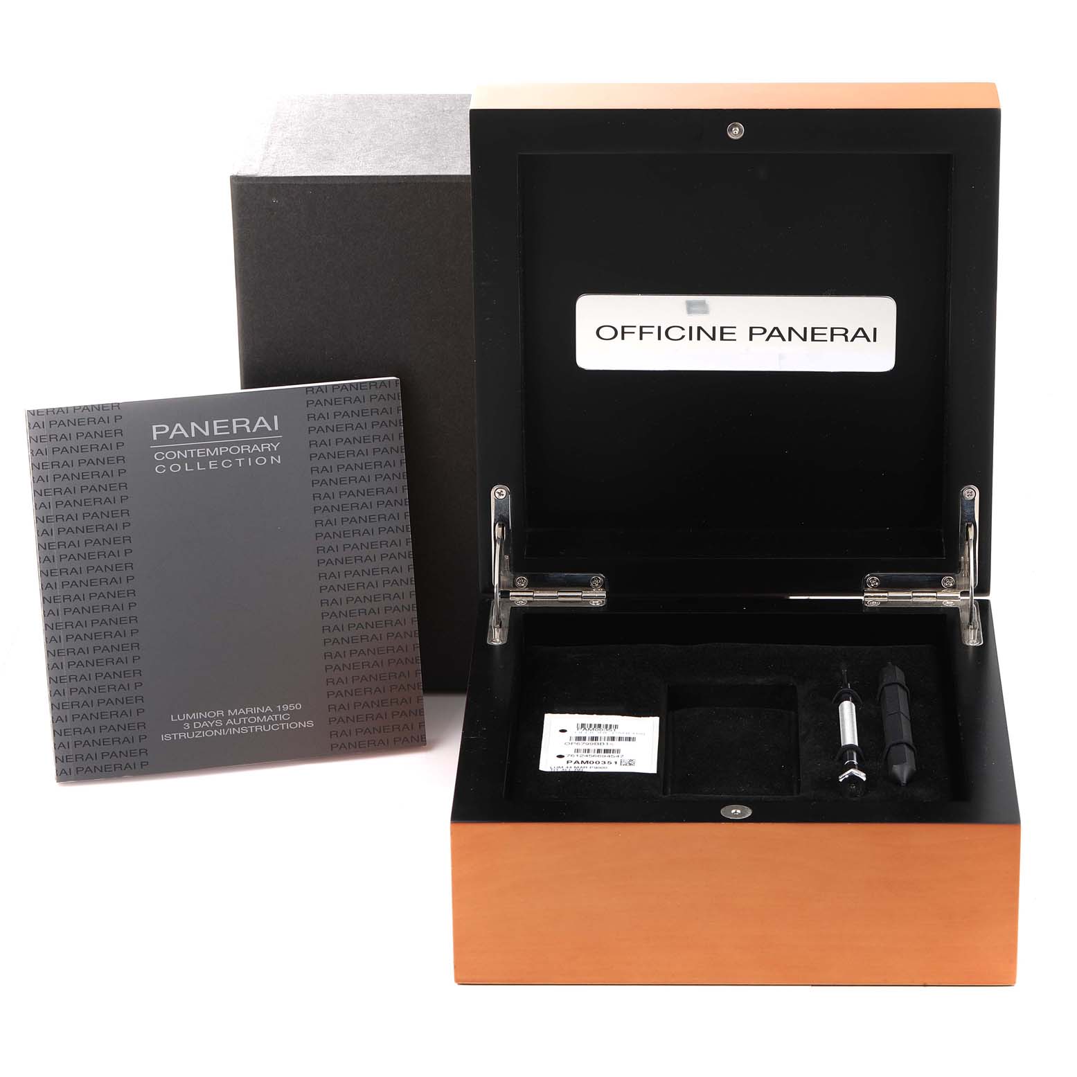 The image shows a Panerai Luminor PAM00351 Men's Titanium Black Dial PAM00351 Men's Titanium Black Dial watch box, manual, and tools from a top-front angle.