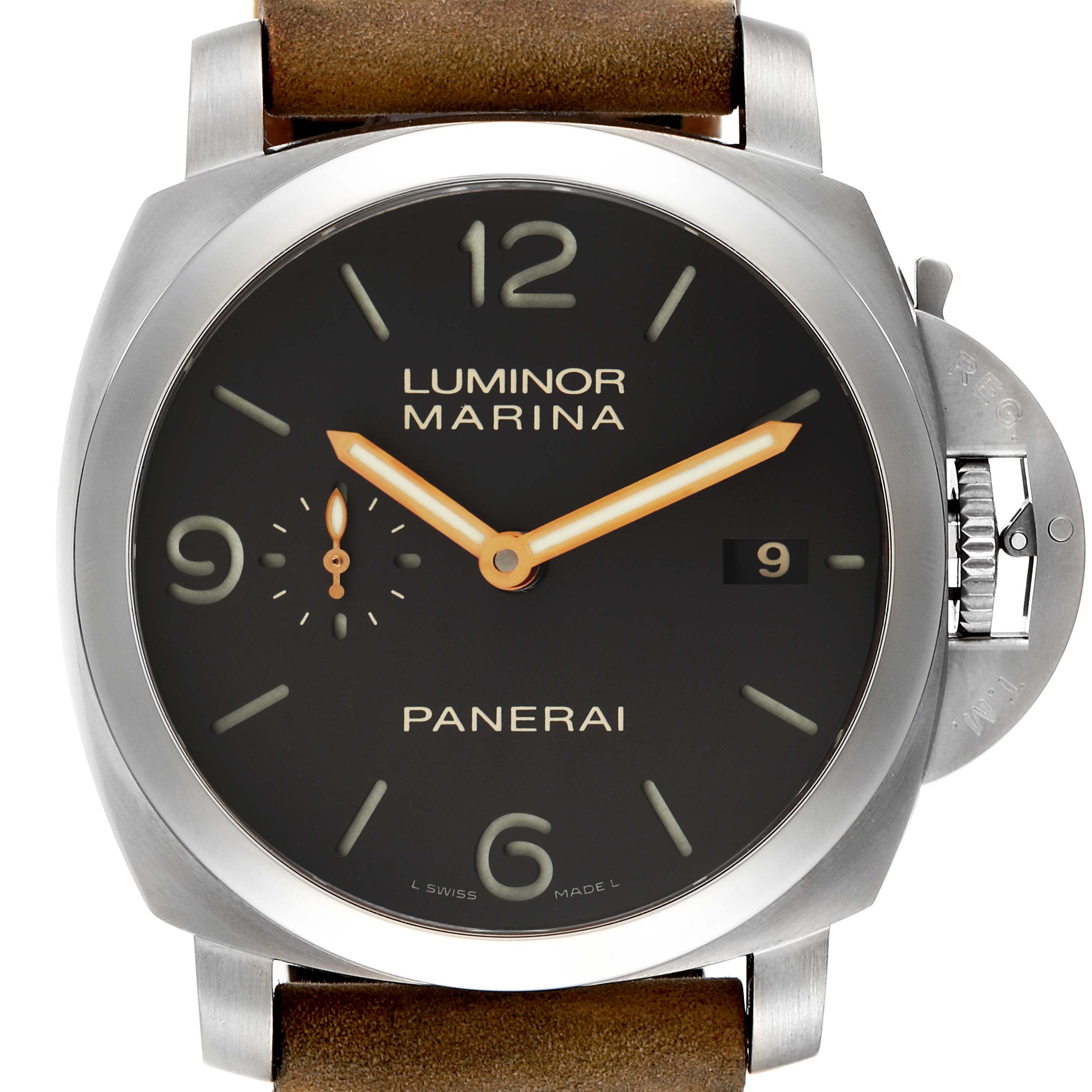 This Panerai Luminor PAM00351 Men's Titanium Black Dial PAM00351 Men's Titanium Black Dial model watch is shown from the front, displaying its dial, hands, and crown guard.