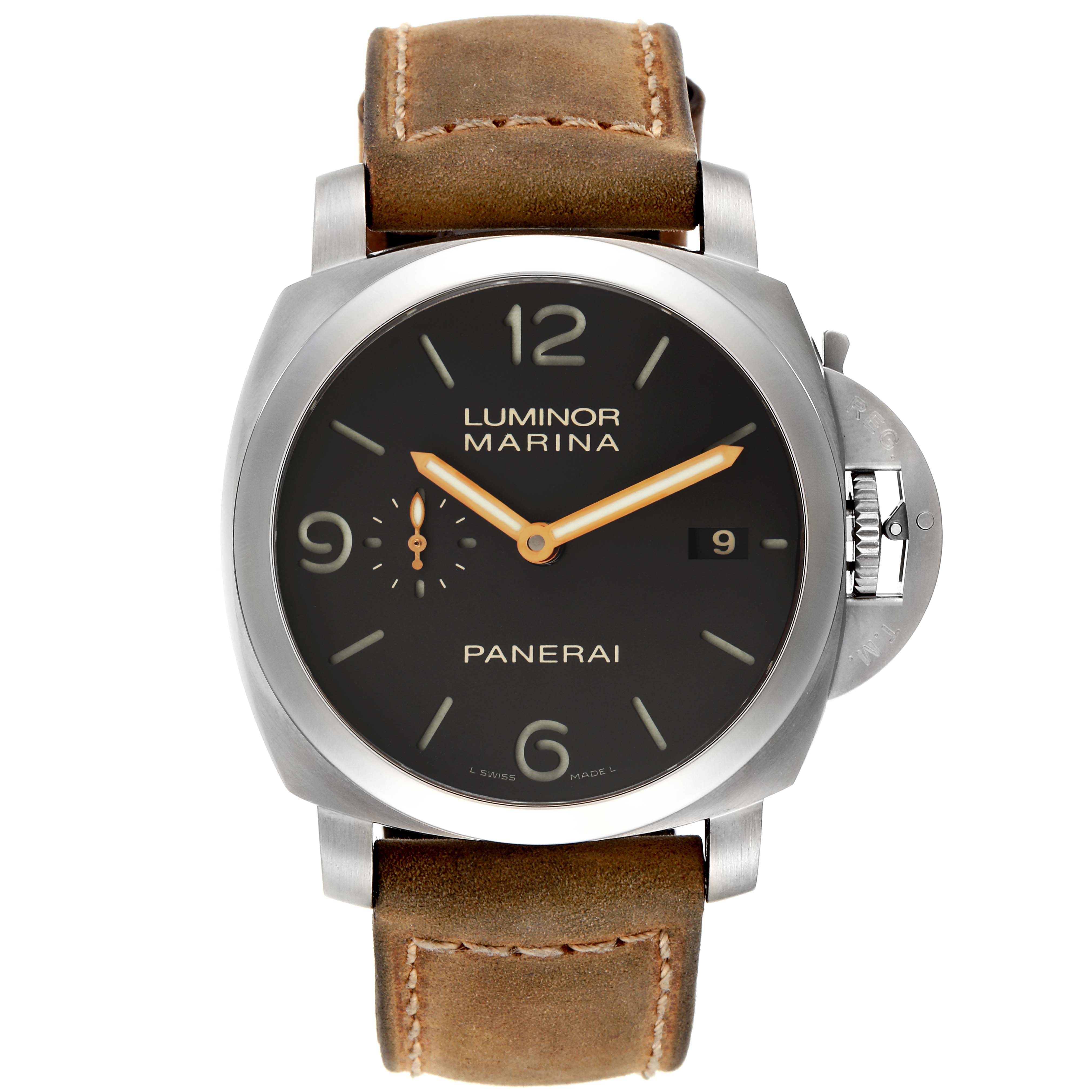 The image shows a front view of a Panerai Luminor PAM00351 Men's Titanium Black Dial PAM00351 Men's Titanium Black Dial Marina watch with a brown leather strap and stainless steel case.