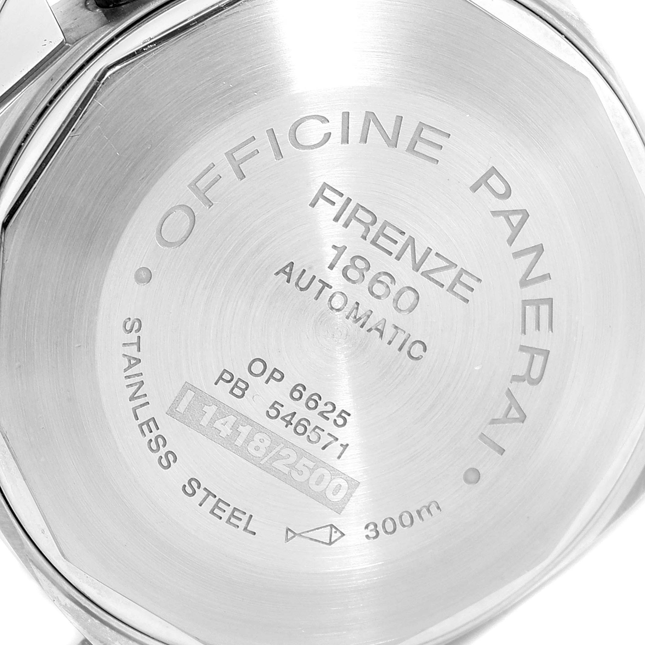 The image shows the back case of a Panerai Luminor PAM00048 Men
s Stainless Steel Black Dial PAM00048 Men
s Stainless Steel Black Dial watch, displaying details and specifications.