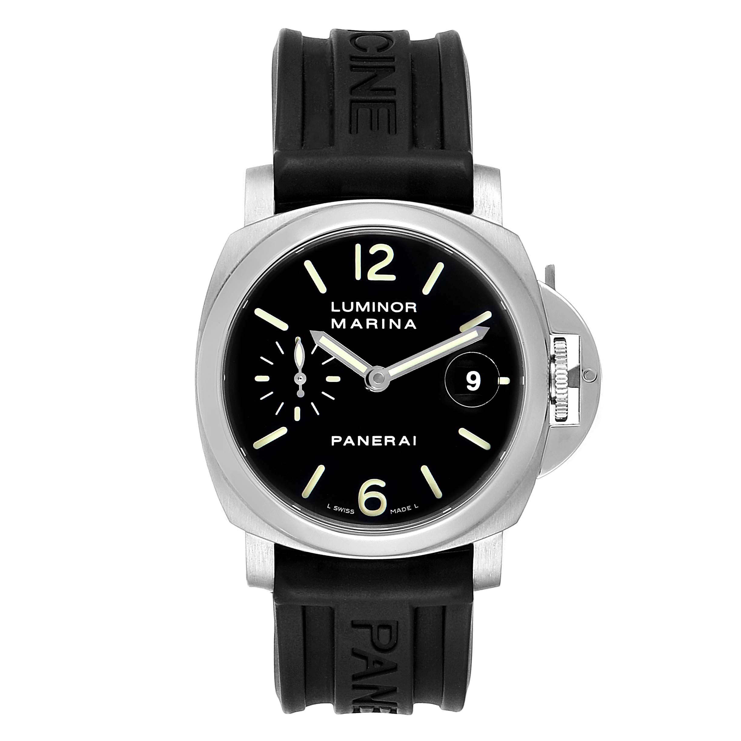 The Panerai Luminor PAM00048 Men
s Stainless Steel Black Dial PAM00048 Men
s Stainless Steel Black Dial watch is shown from a frontal angle, displaying its dial, crown, and black rubber strap.