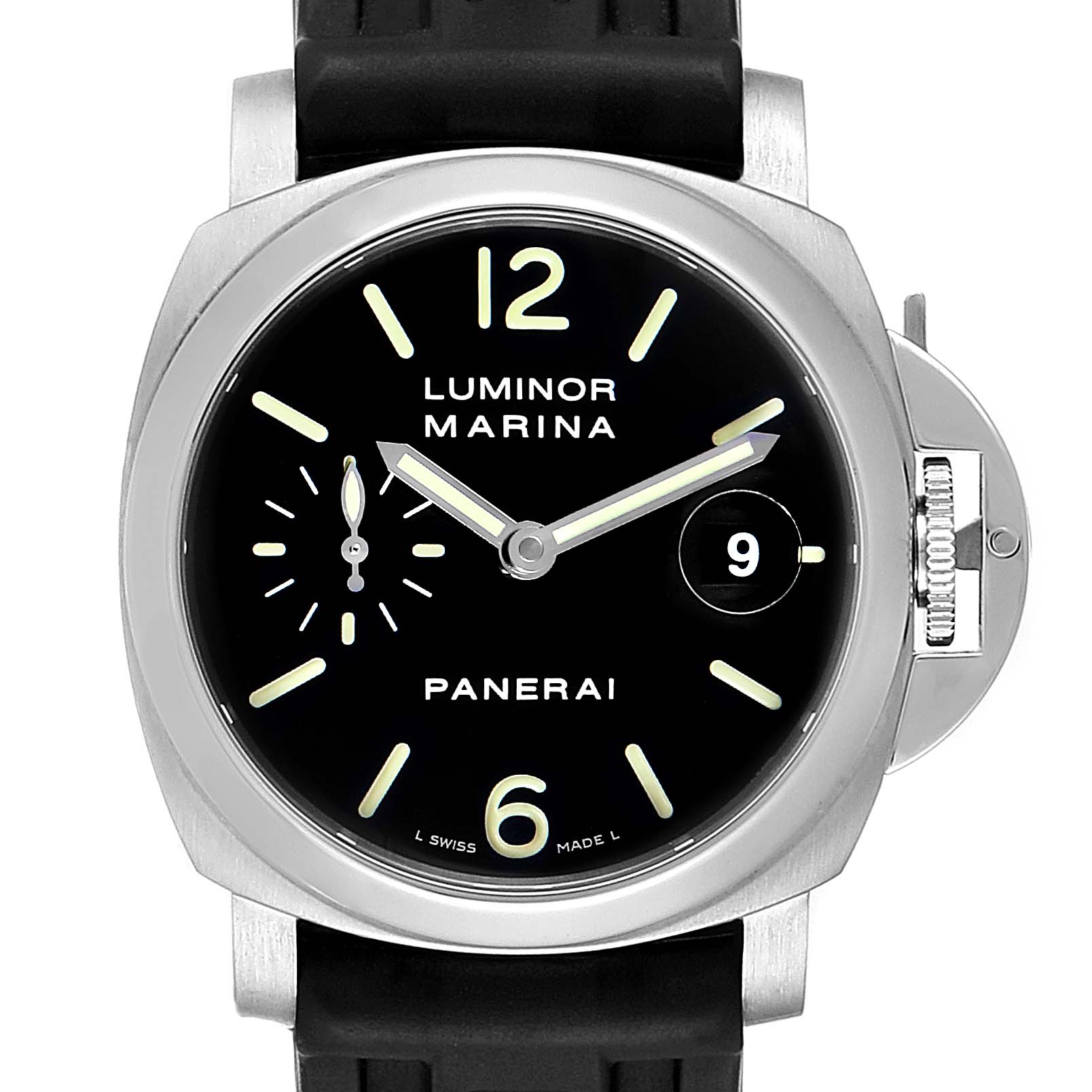 The image shows a front view of a Panerai Luminor PAM00048 Men
s Stainless Steel Black Dial PAM00048 Men
s Stainless Steel Black Dial Marina watch, highlighting its face, crown guard, and strap.