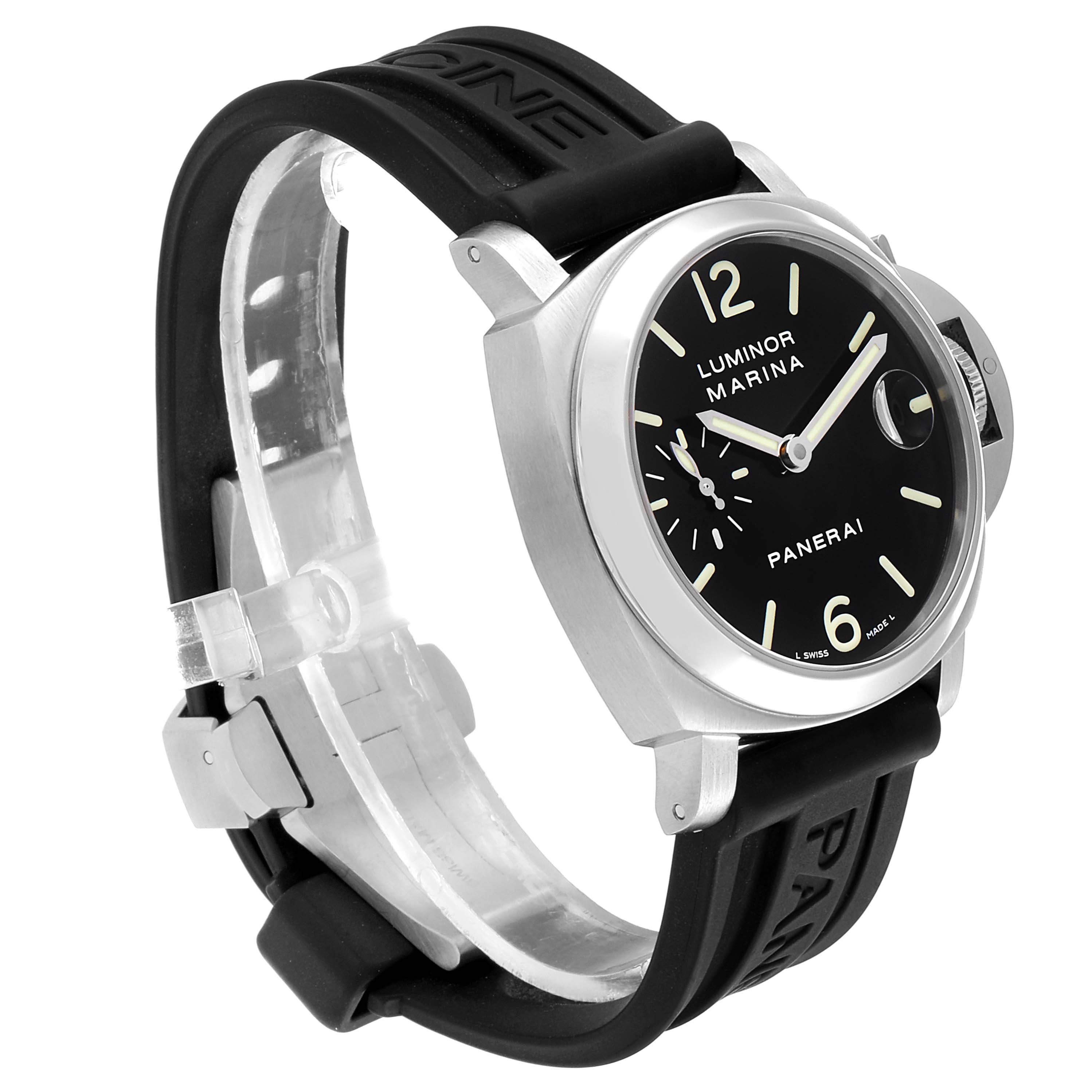 This image shows a Panerai Luminor PAM00048 Men
s Stainless Steel Black Dial PAM00048 Men
s Stainless Steel Black Dial watch from a front-side angle, highlighting its black dial, case, and rubber strap.