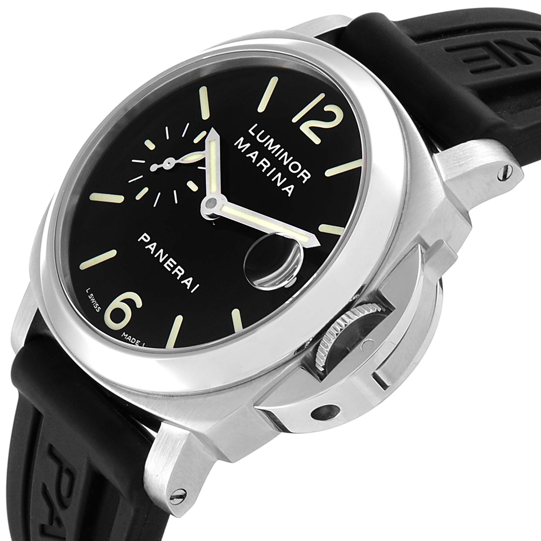 The image shows a Panerai Luminor PAM00048 Men
s Stainless Steel Black Dial PAM00048 Men
s Stainless Steel Black Dial watch at a slight left-side angle, featuring its dial, case, and crown guard.